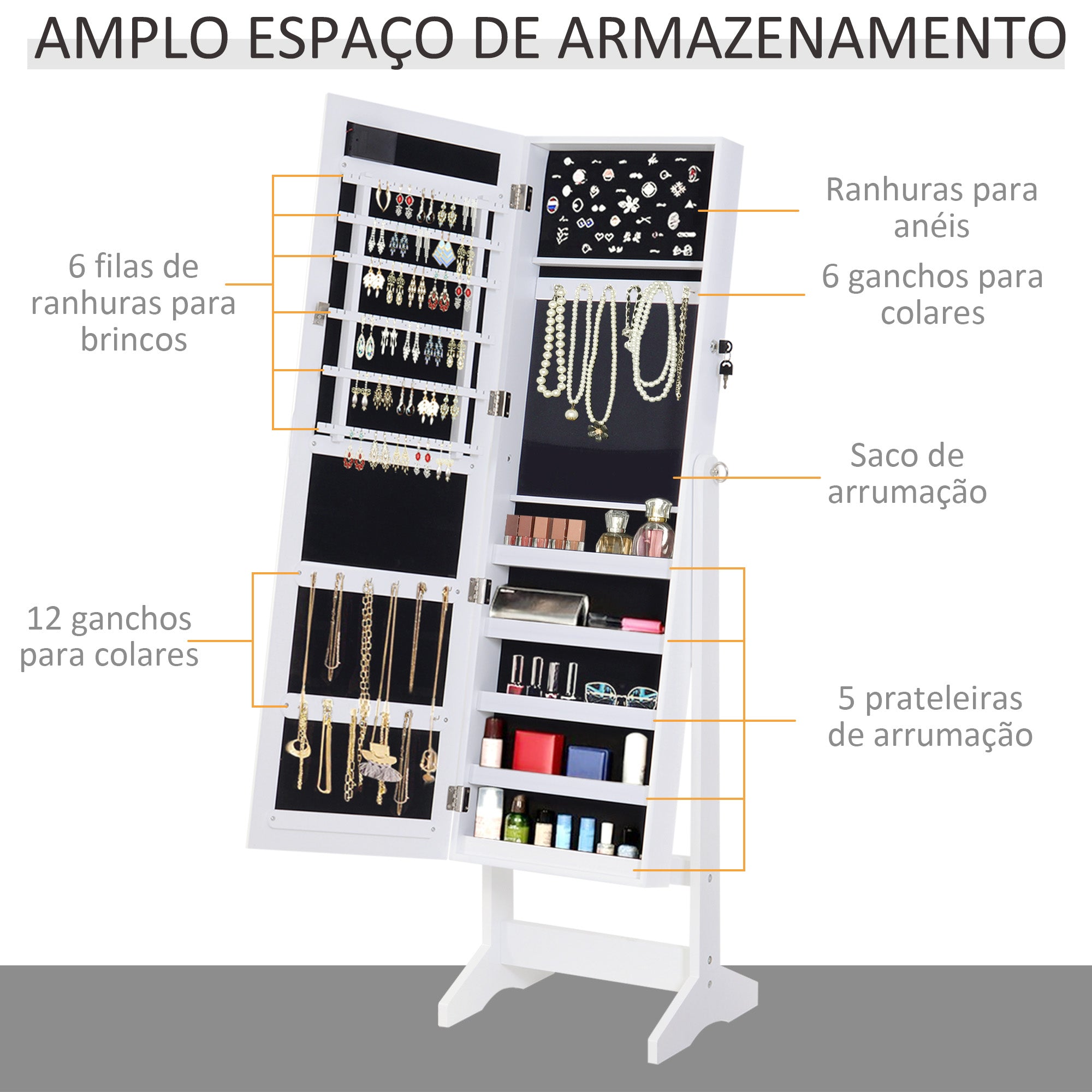 Armário para Joias LED Reclinável 40x37x146 cm Branco