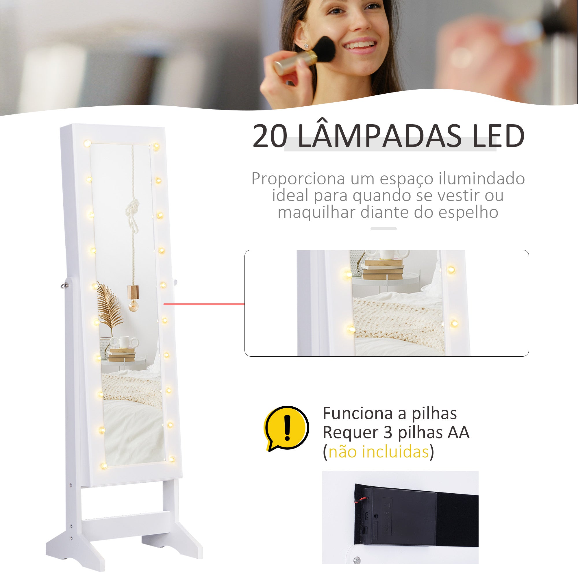 Armário para Joias LED Reclinável 40x37x146 cm Branco