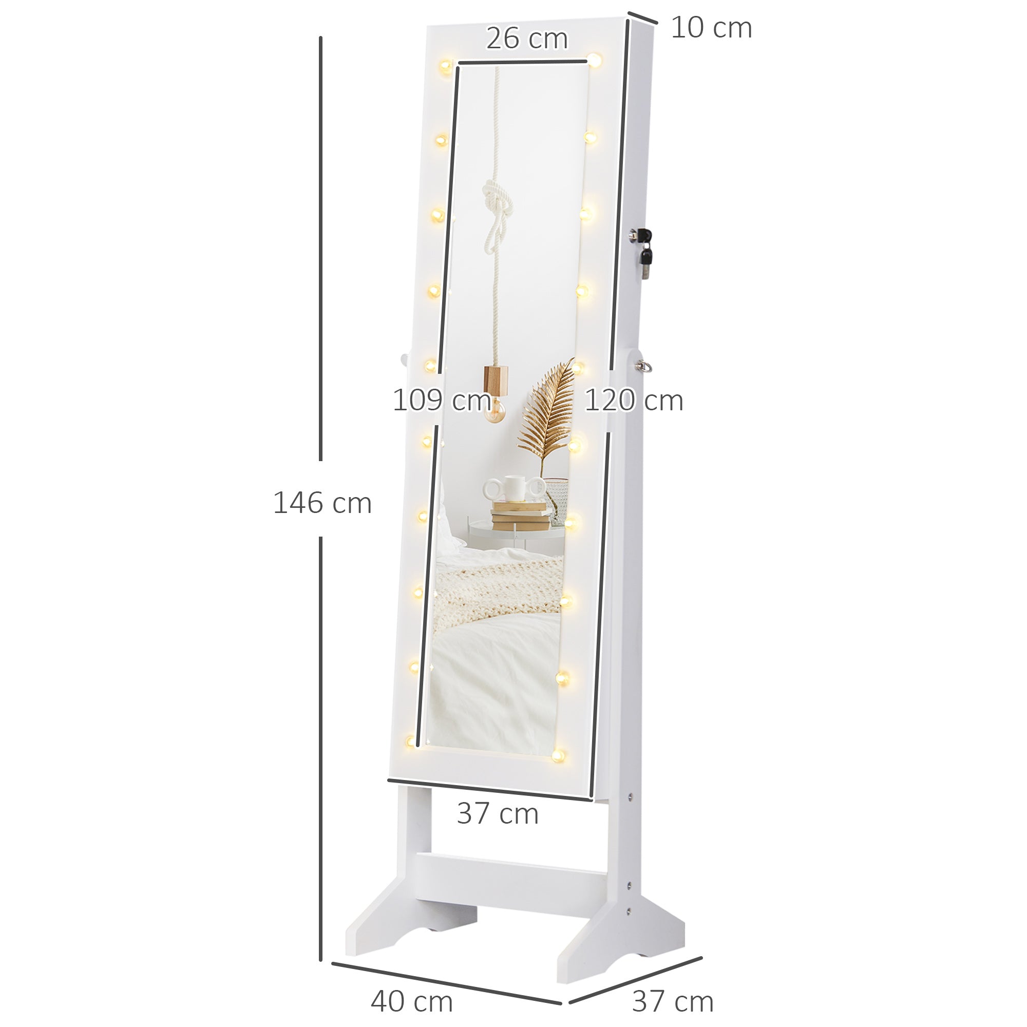 Armário para Joias LED Reclinável 40x37x146 cm Branco