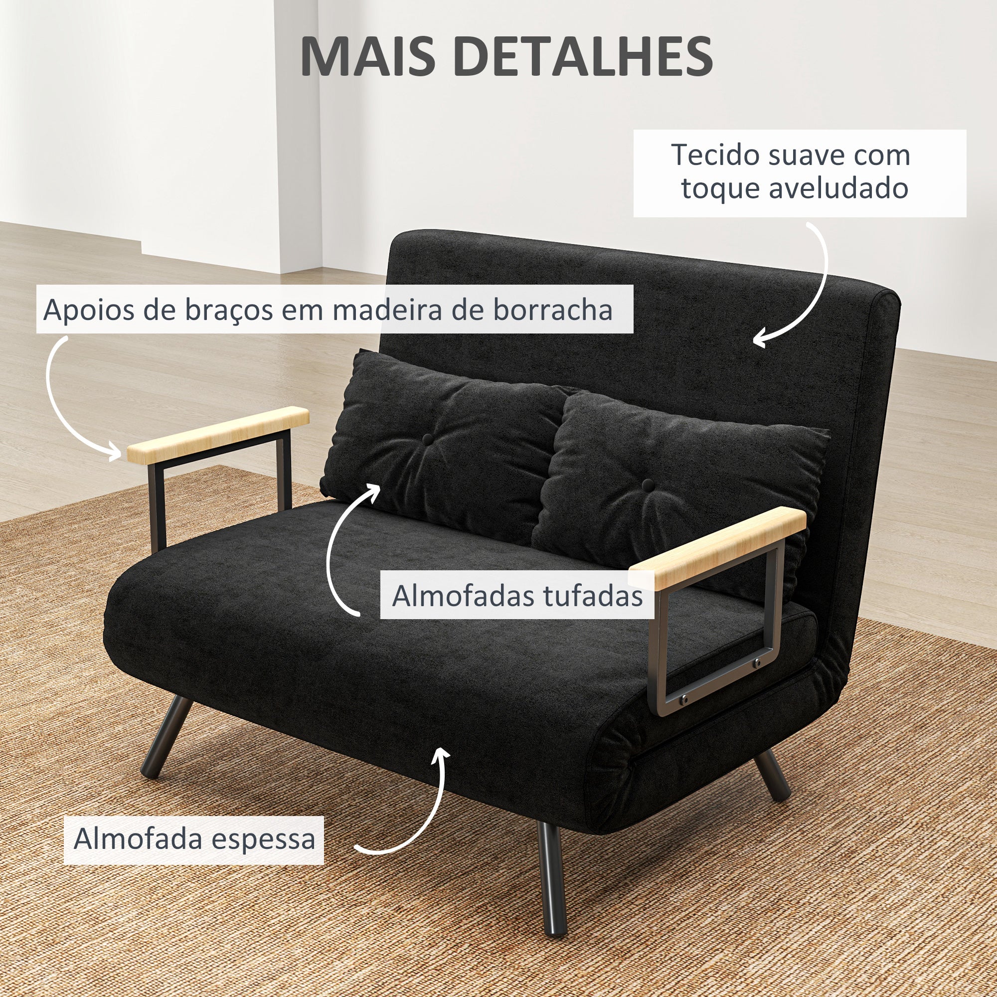 Sofá Cama Convertível em Cama de 2 Lugares 102x73x81 cm Preto