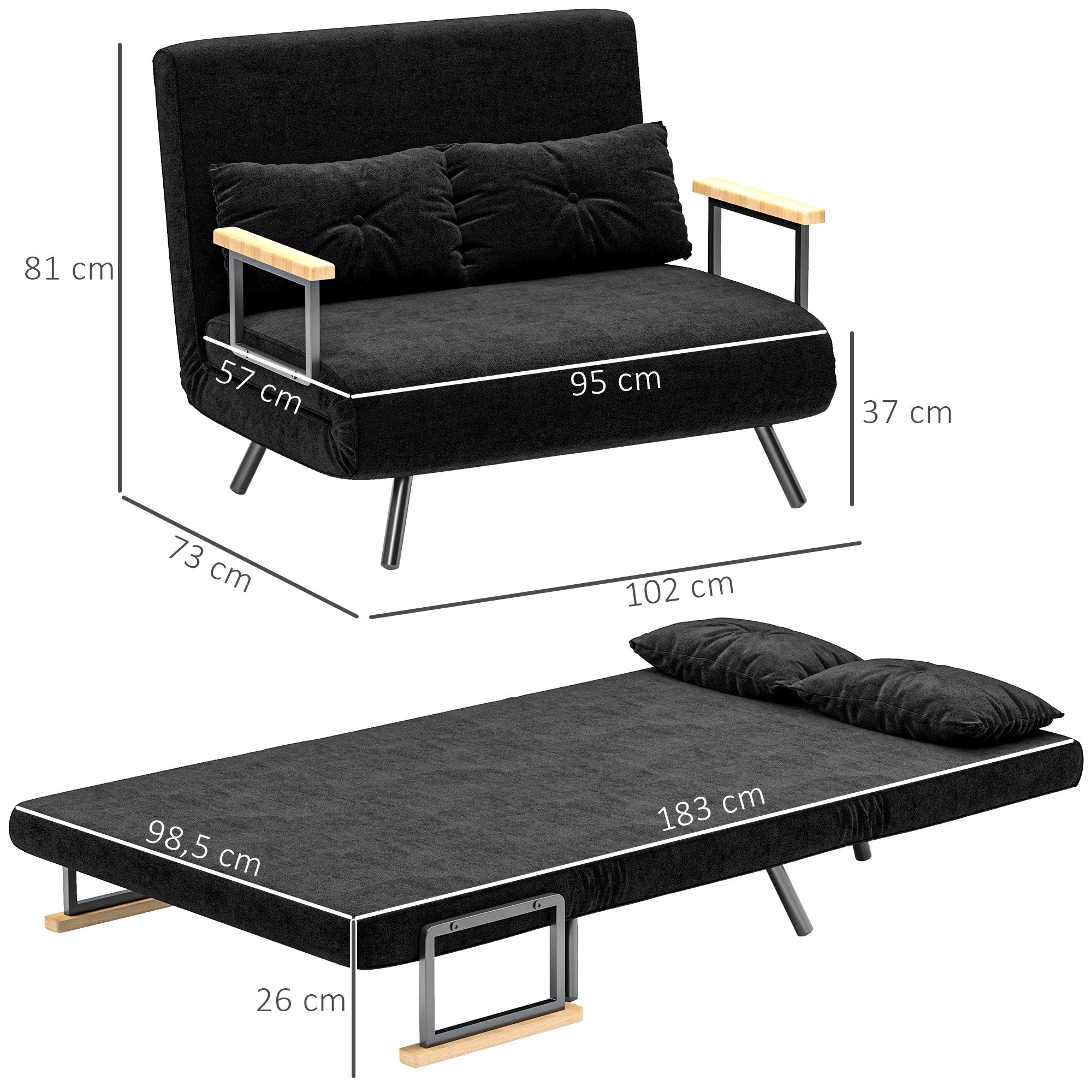 Sofá Cama Convertível em Cama de 2 Lugares 102x73x81 cm Preto