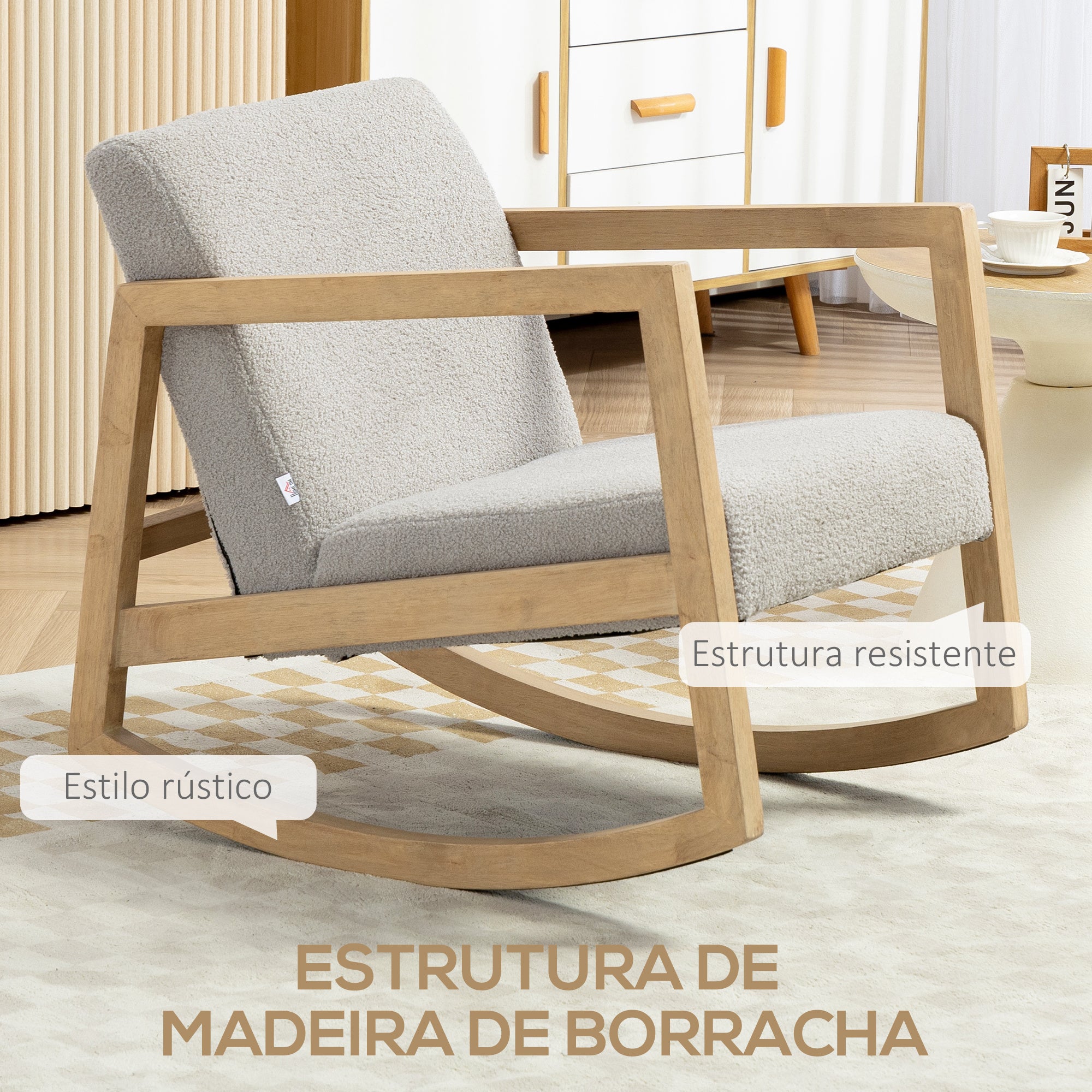 Poltrona Baloiço Estofada em Tecido de Borrego 60x81x71 cm - Cinzento