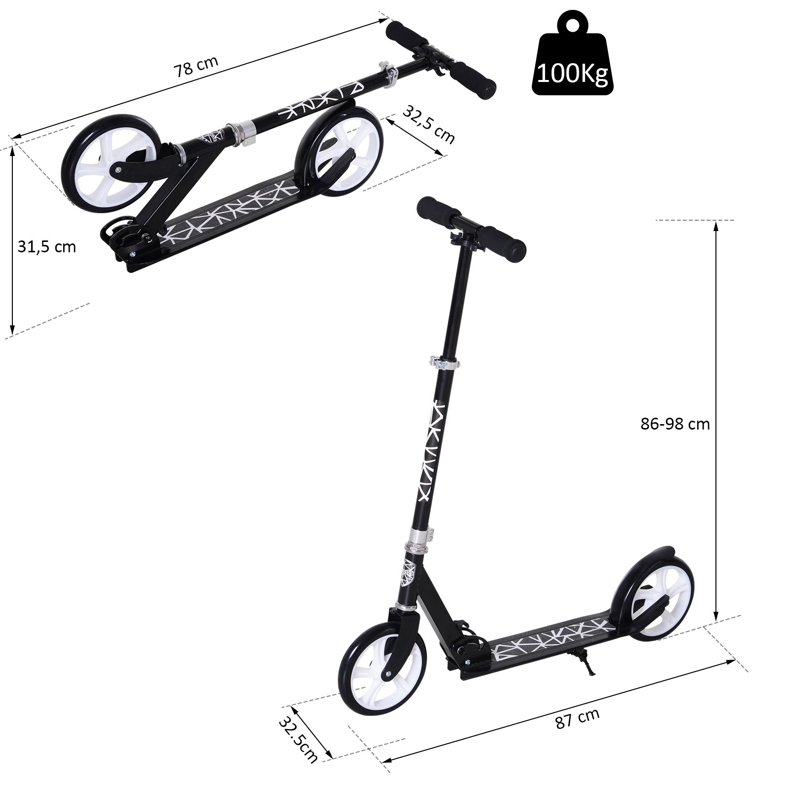 Trotinete Dobrável para Adultos e Crianças - Medidas Ajustáveis 86/92/98cm - Cor Negro & Blanco