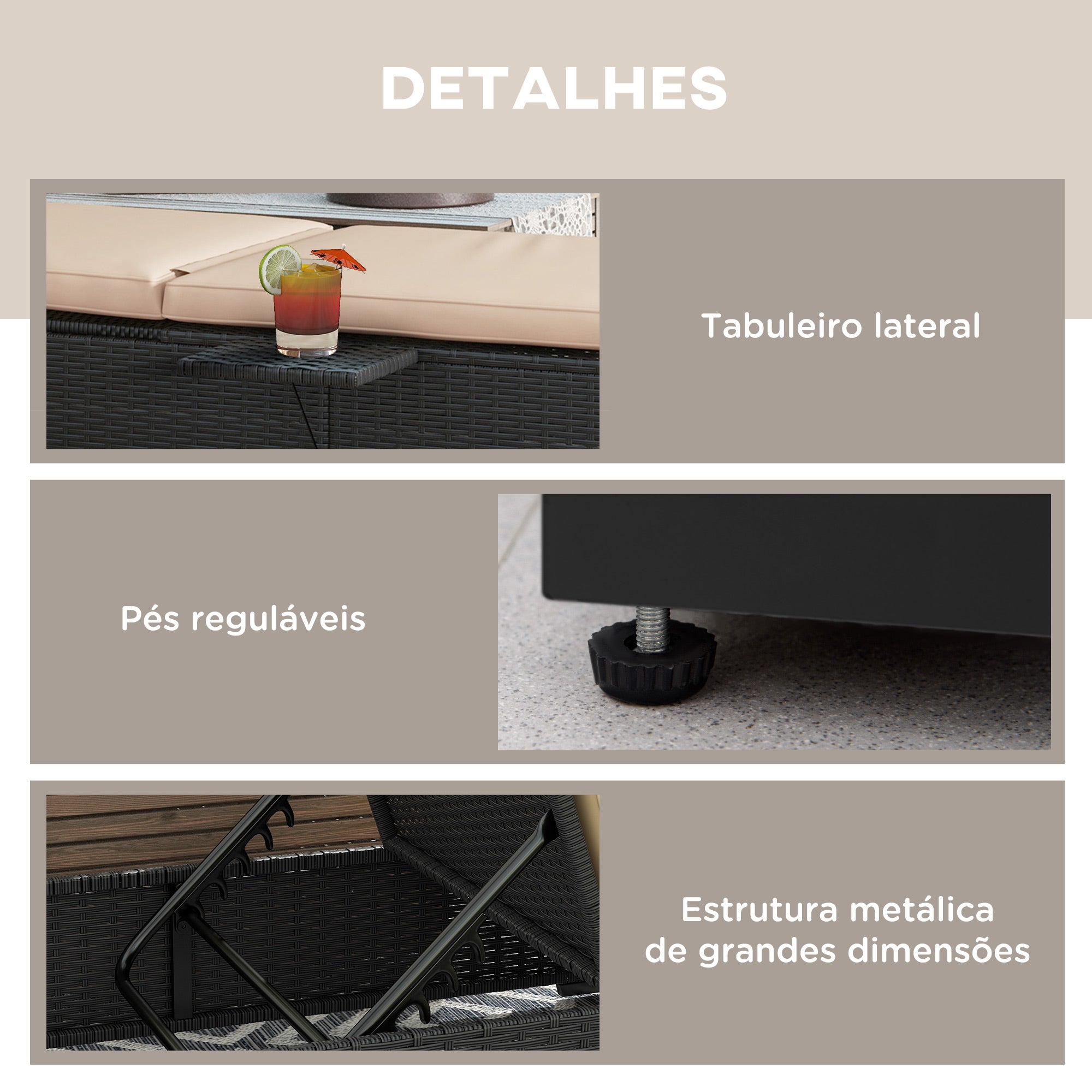 Espreguiçadeira Reclinável de Vime Sintético Preto 196x62x35 cm