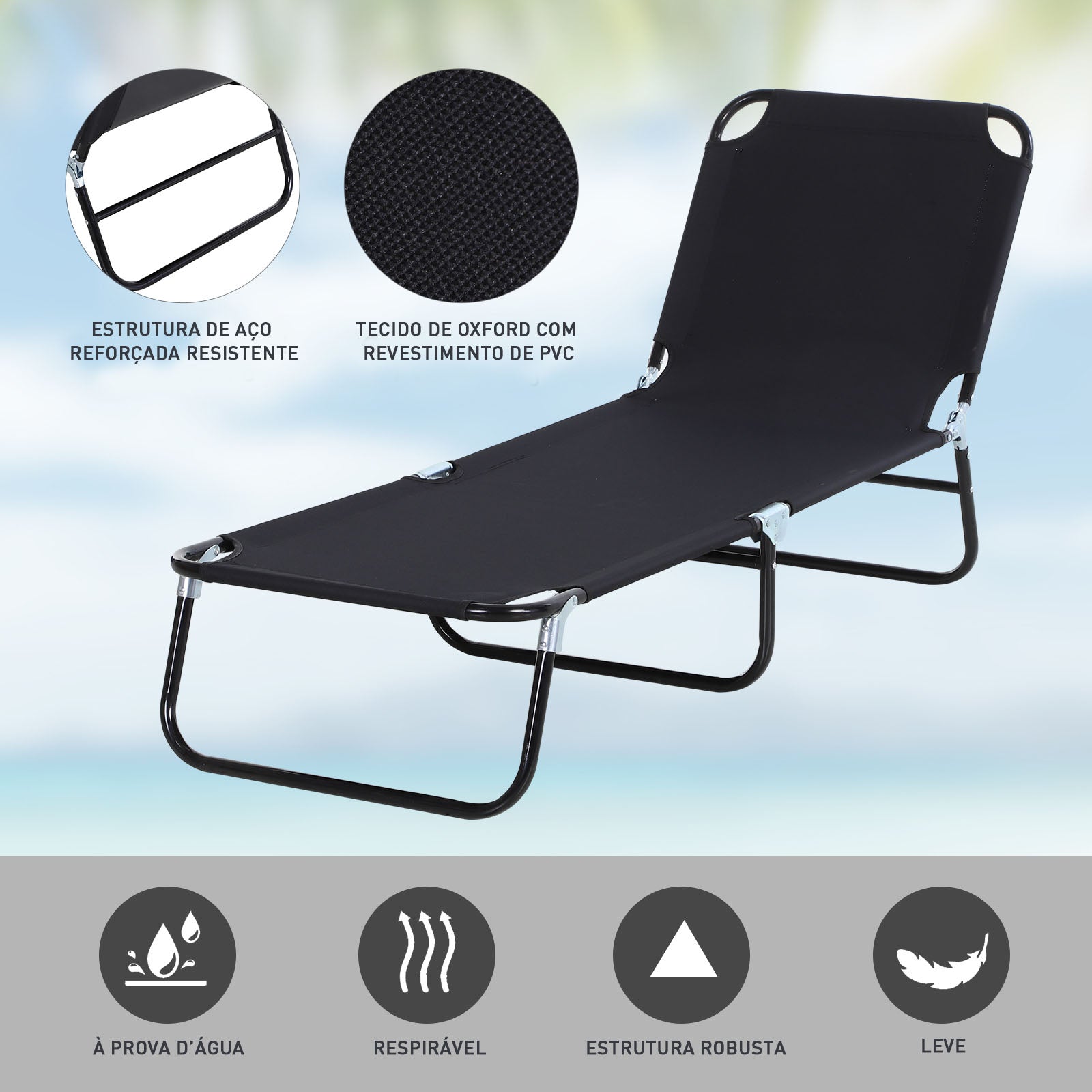 Espreguiçadeira Dobrável Reclinável 188x56x28 cm - Preto