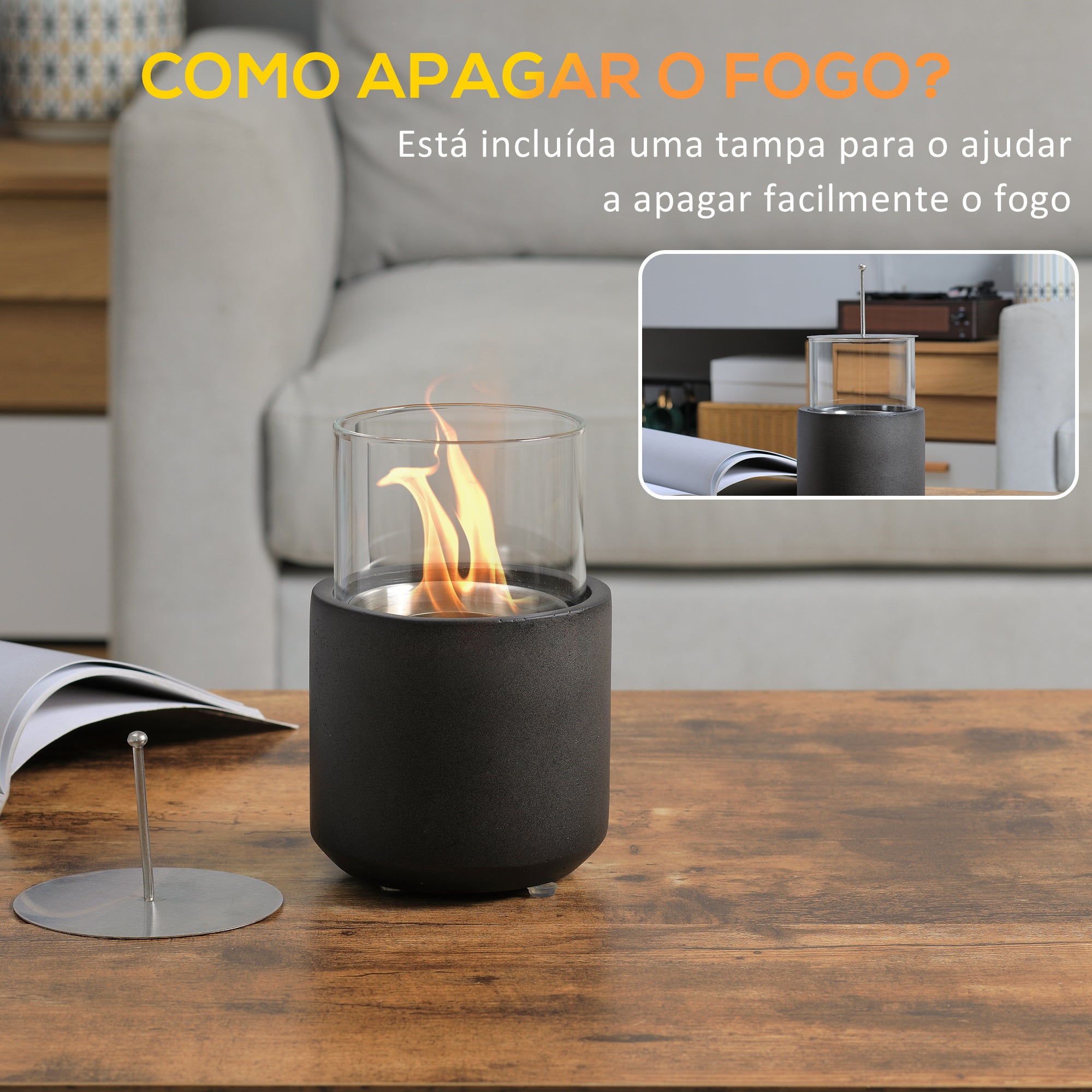 Lareira de Mesa Bioetanol 12x12x19cm Cinza Escuro