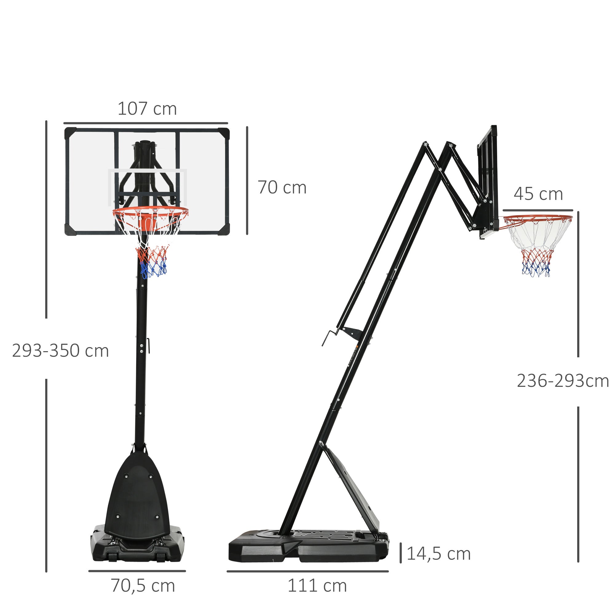Tabela de Basquetebol com Altura Ajustável 293-350 cm – Preto e Vermelho – Aço, PC e PE