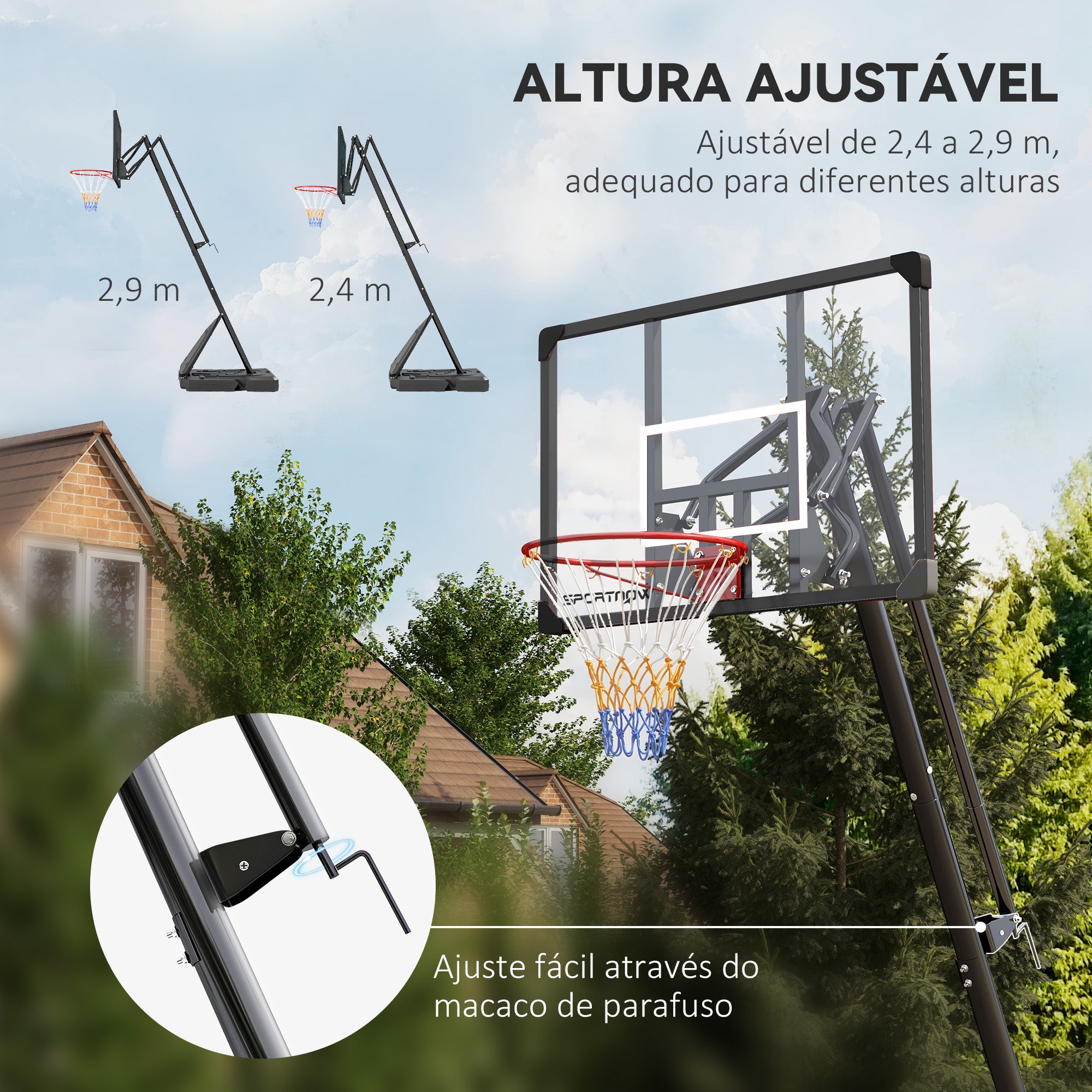 Tabela de Basquetebol com Altura Ajustável 293-350 cm – Preto e Vermelho – Aço, PC e PE