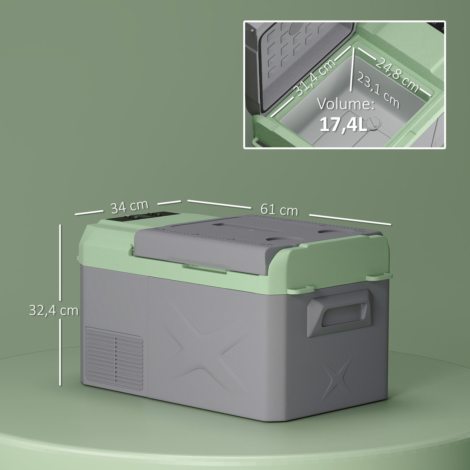 Geleira Portátil Elétrica - 17,4L Cinza e Verde 61x34x32,4 cm