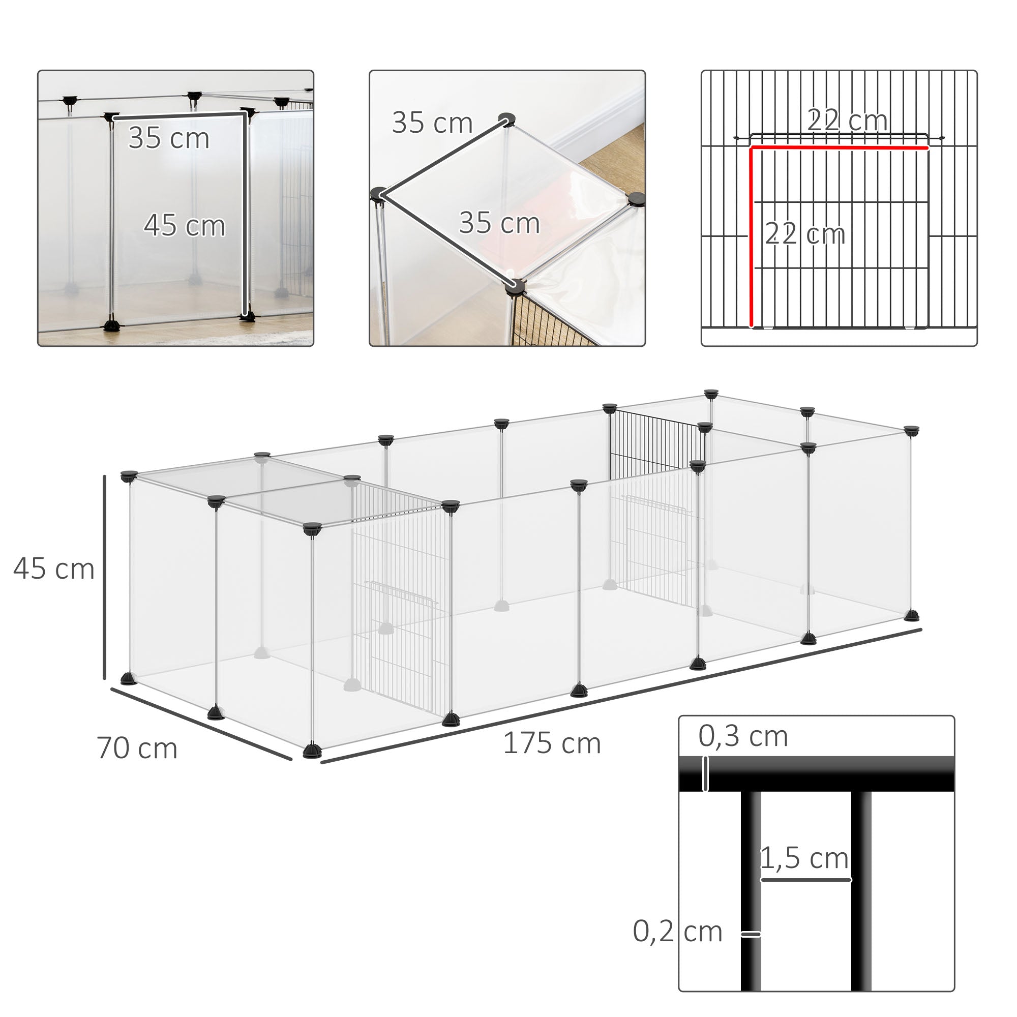 Recinto Modular para Pequenos Animais 175x70x45 cm Translúcido e Preto