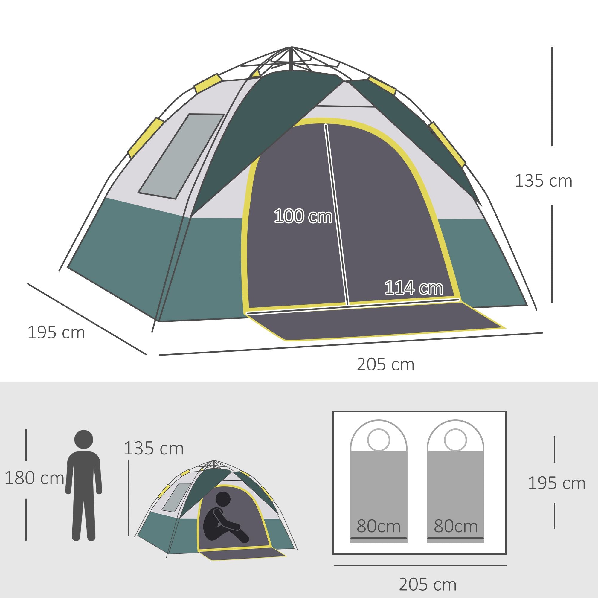 Tenda de Campismo para 2-3 Pessoas Verde 205x195x135 cm