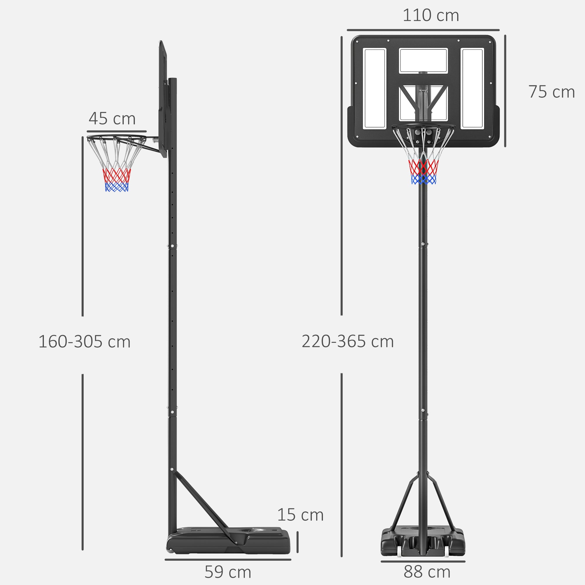 Cesta de Basquetebol de Exterior Ajustável 220-365 cm Preto