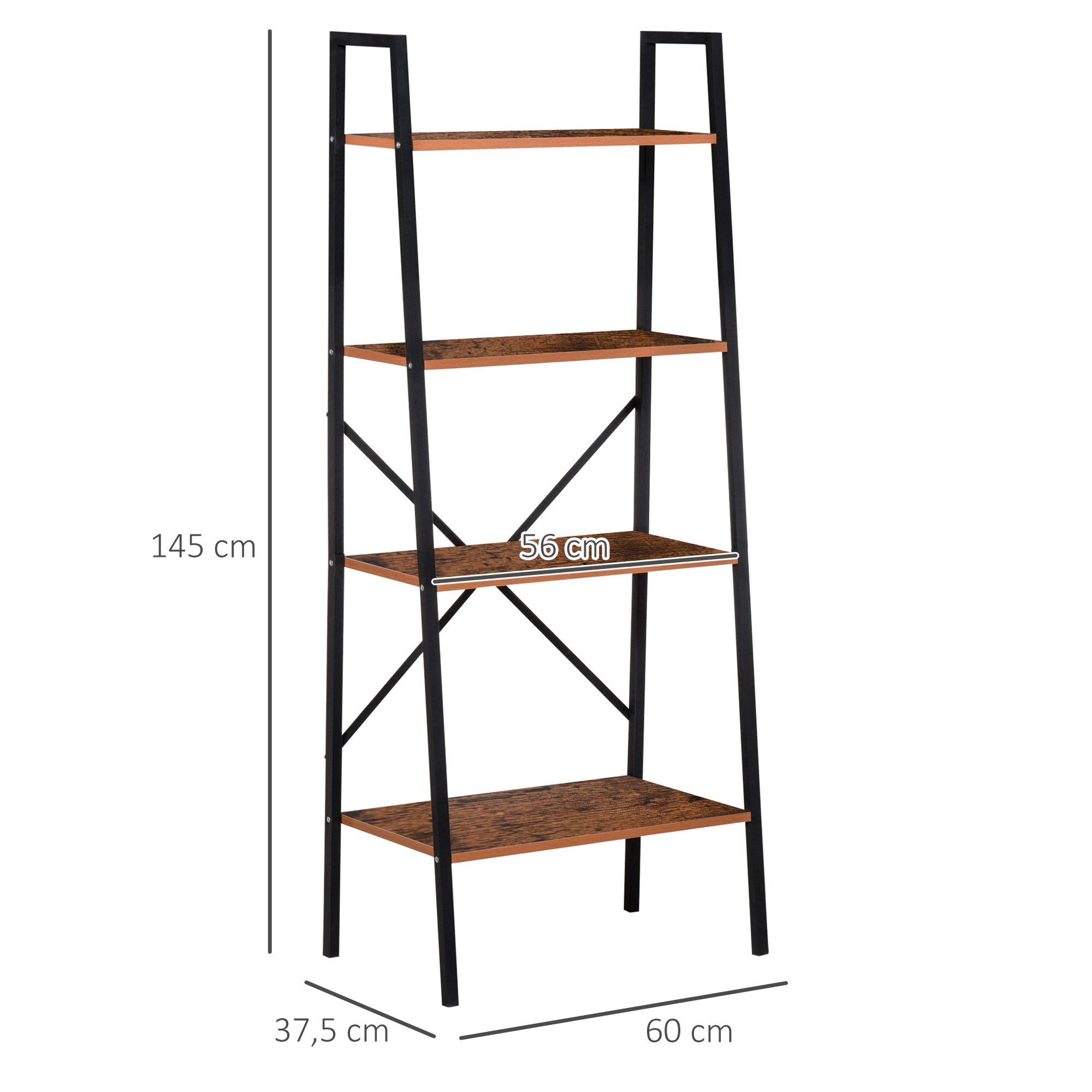 Estante de Escada Industrial com 4 Prateleiras 60x35x145cm em Preto e Madeira