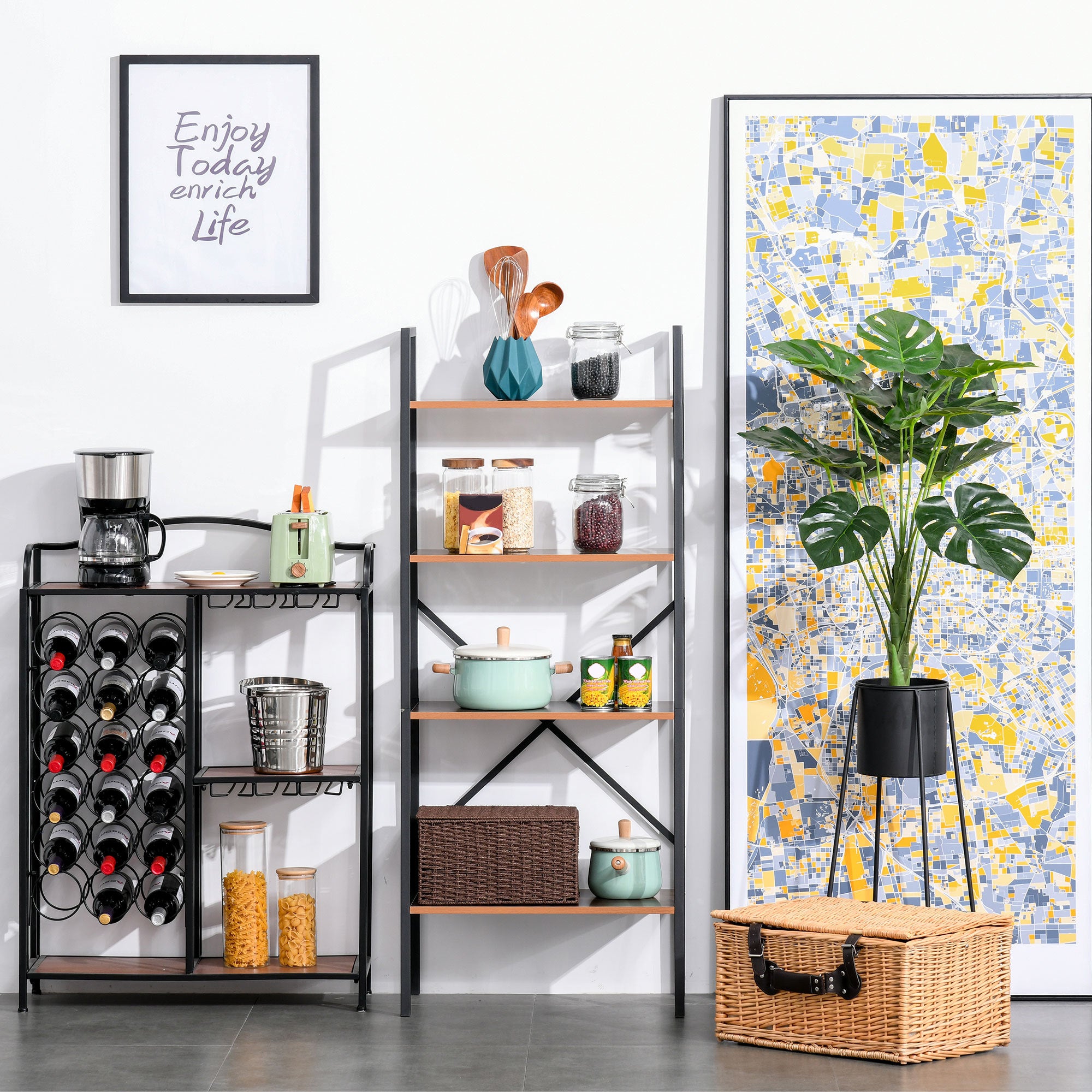 Estante de Escada Industrial com 4 Prateleiras 60x35x145cm em Preto e Madeira