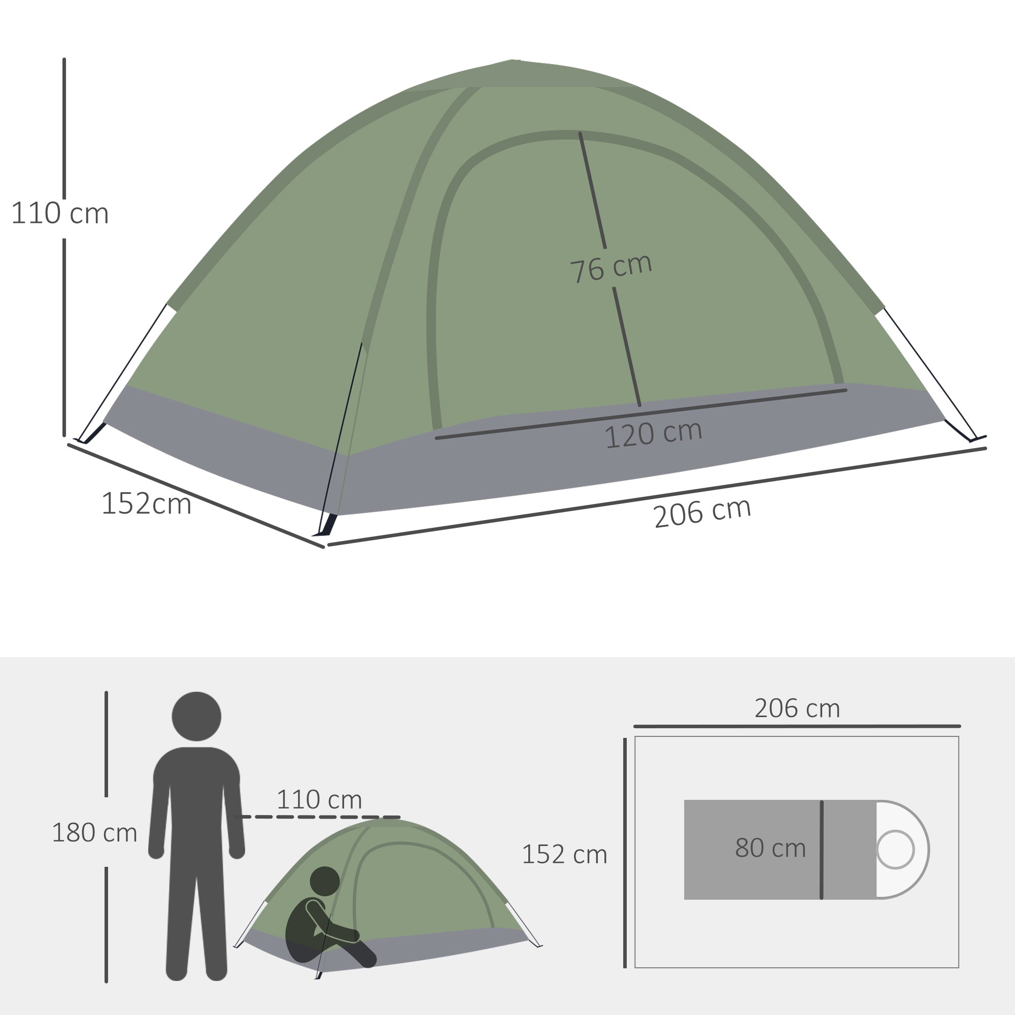 Tenda de Campismo para 2 Pessoas - 206x152x110 cm - Verde