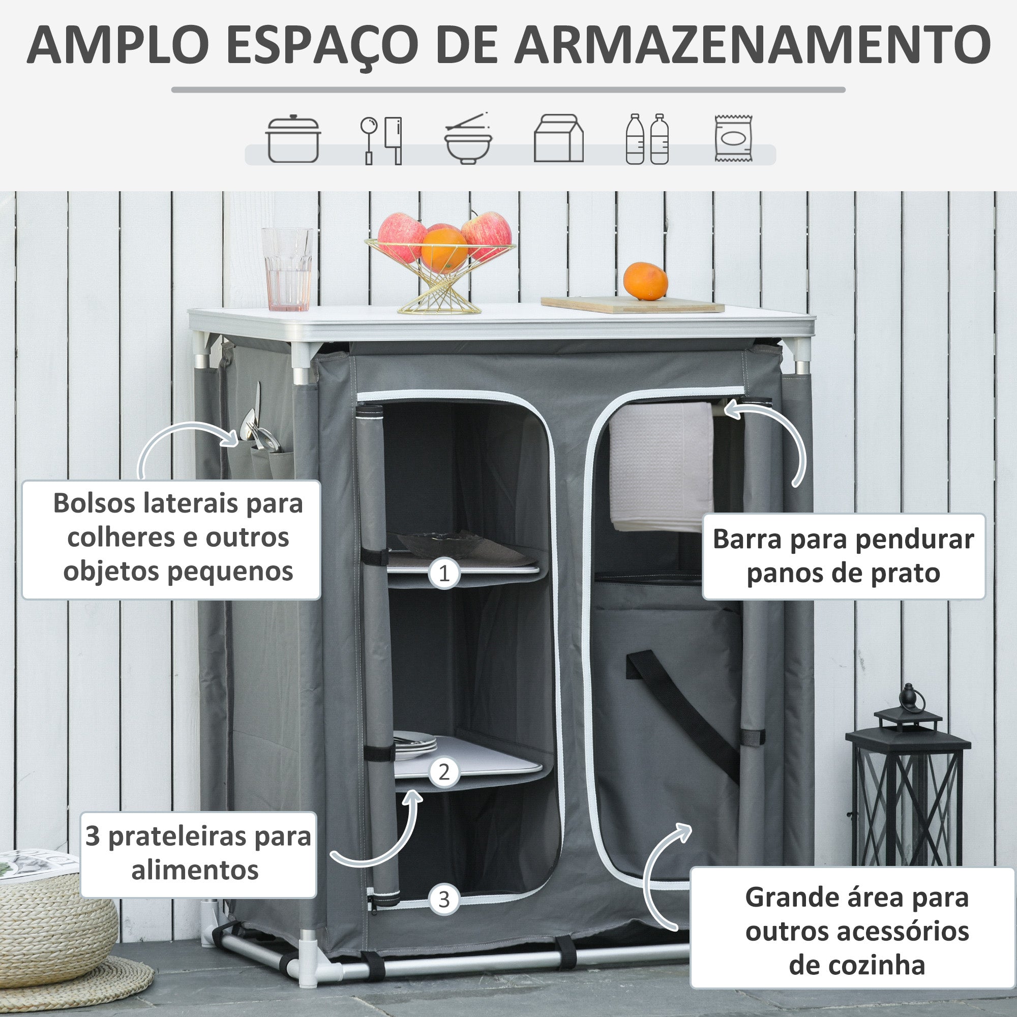 Armário de Campismo Dobrável Móvel de Cozinha 96x49,5x104 cm Cinza