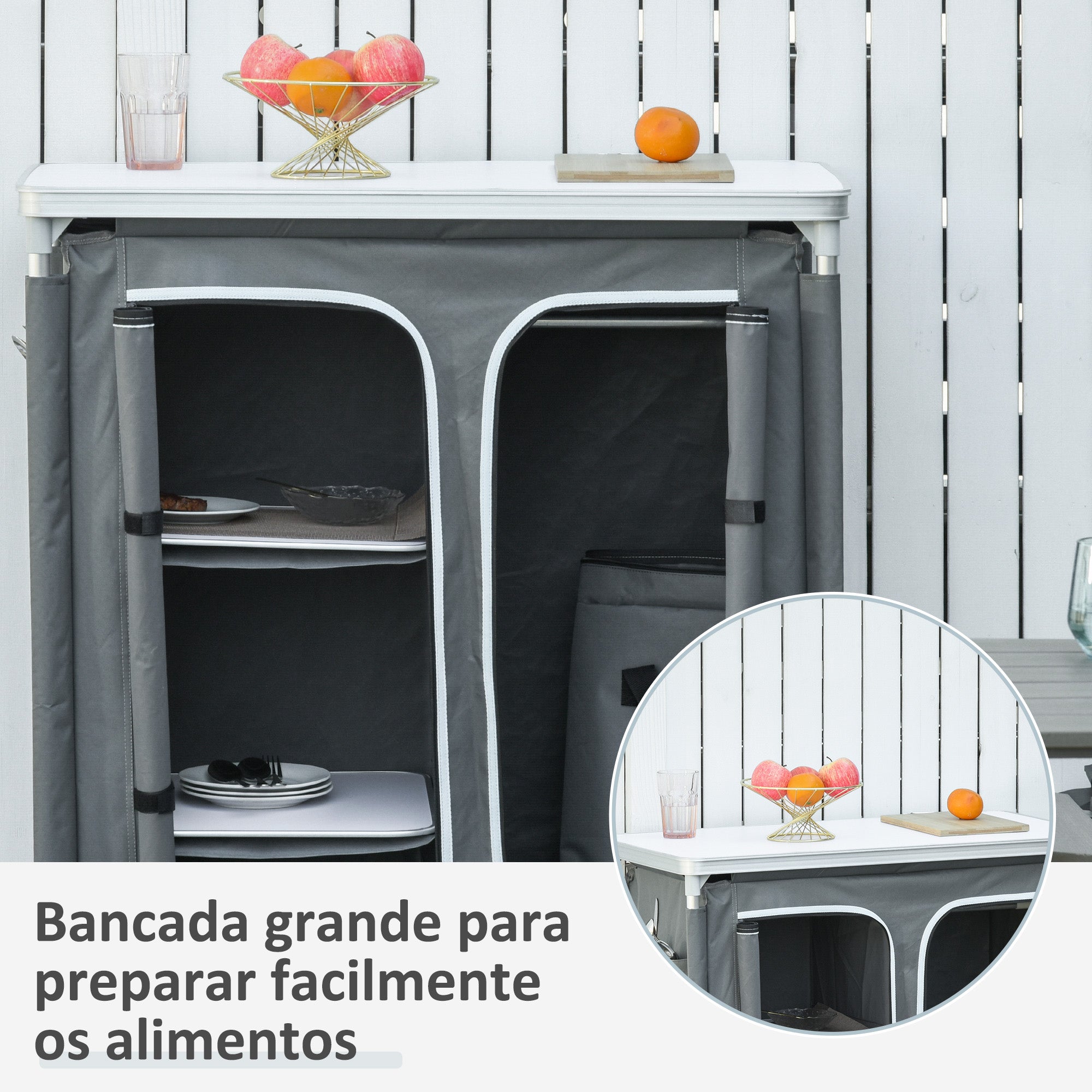 Armário de Campismo Dobrável Móvel de Cozinha 96x49,5x104 cm Cinza