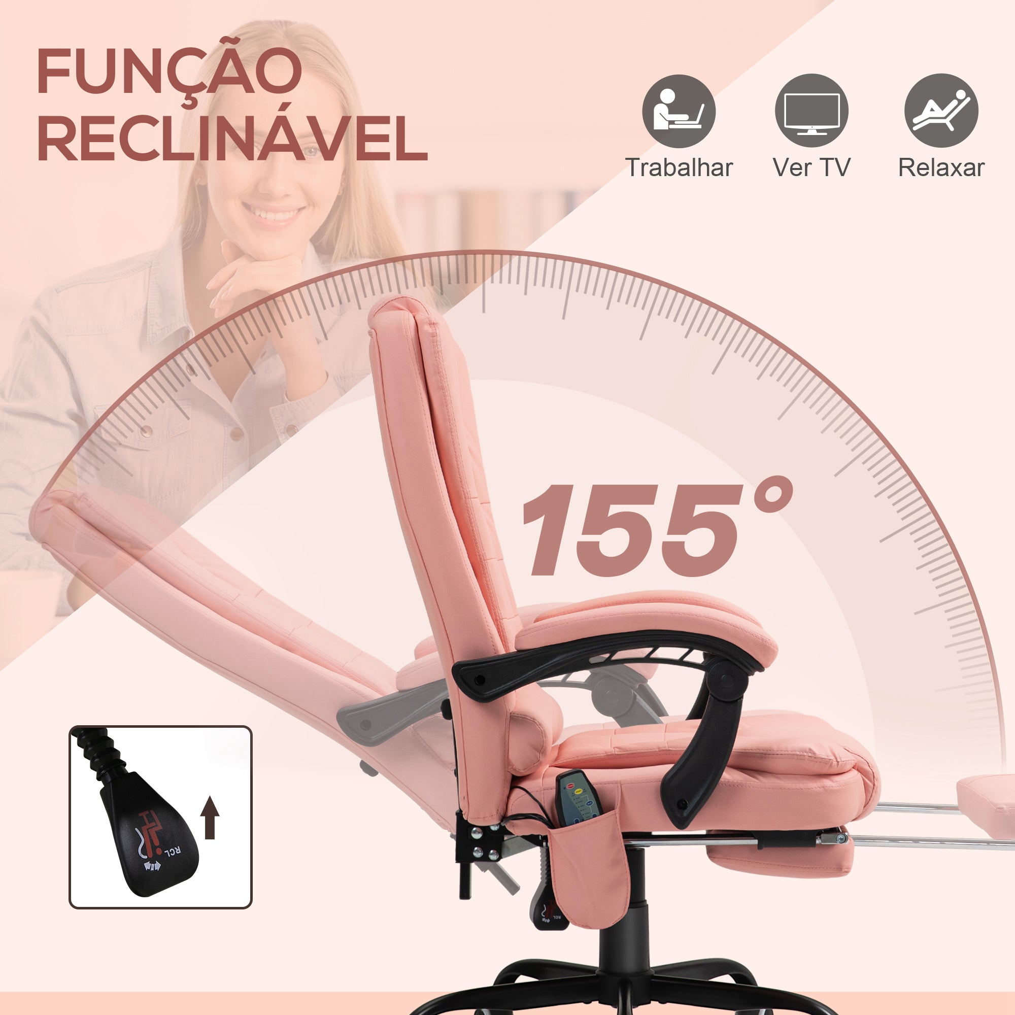 Cadeira de Escritório com Massagem 7 Pontos Rosa 67x67x111-121 cm