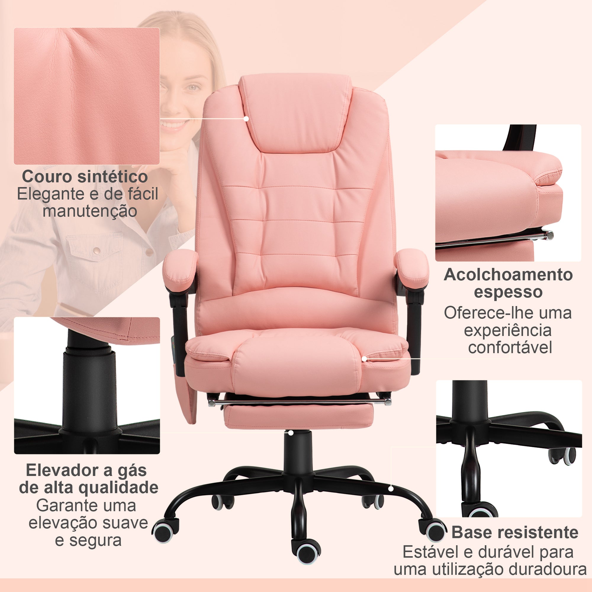 Cadeira de Escritório com Massagem 7 Pontos Rosa 67x67x111-121 cm