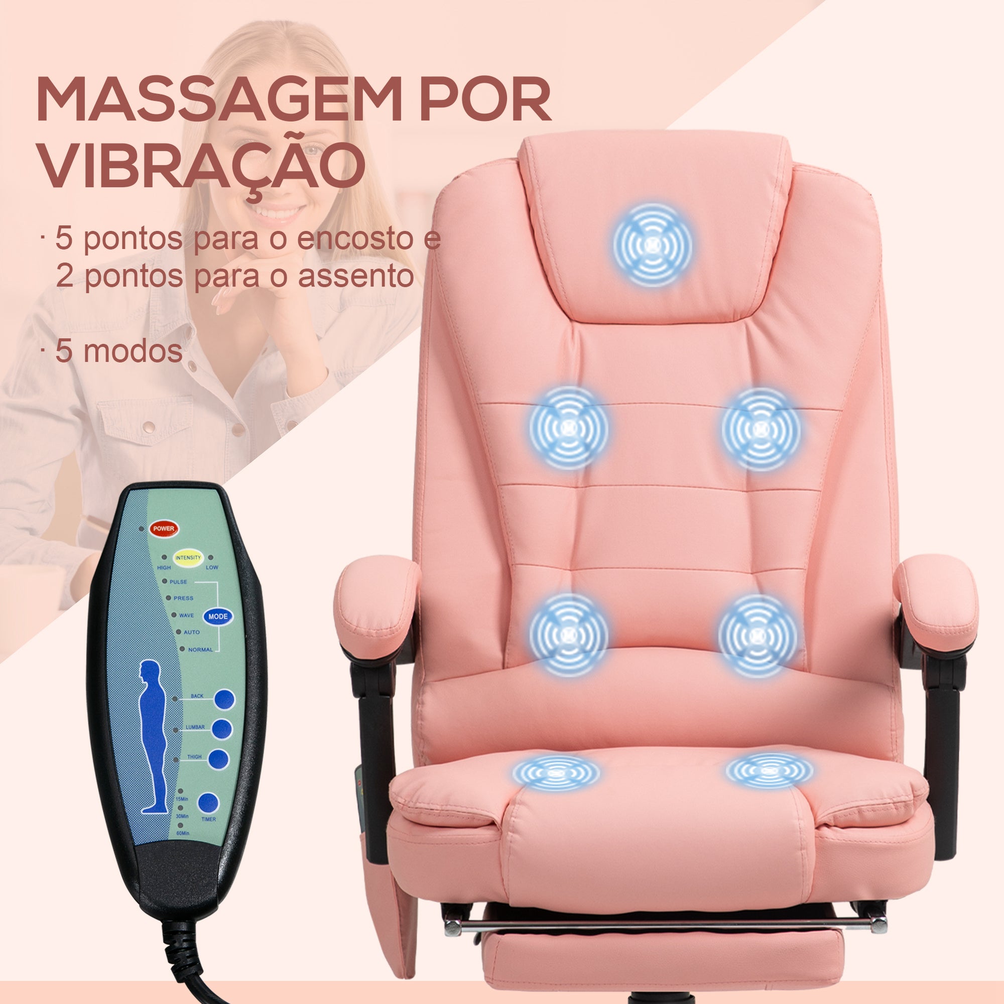 Cadeira de Escritório com Massagem 7 Pontos Rosa 67x67x111-121 cm