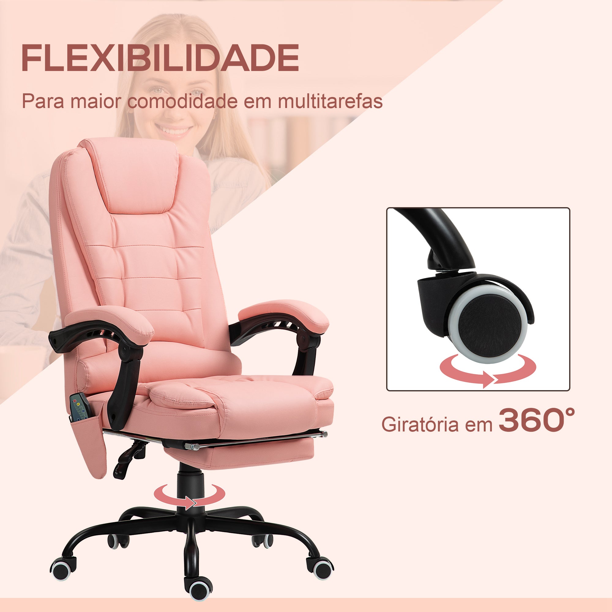 Cadeira de Escritório com Massagem 7 Pontos Rosa 67x67x111-121 cm