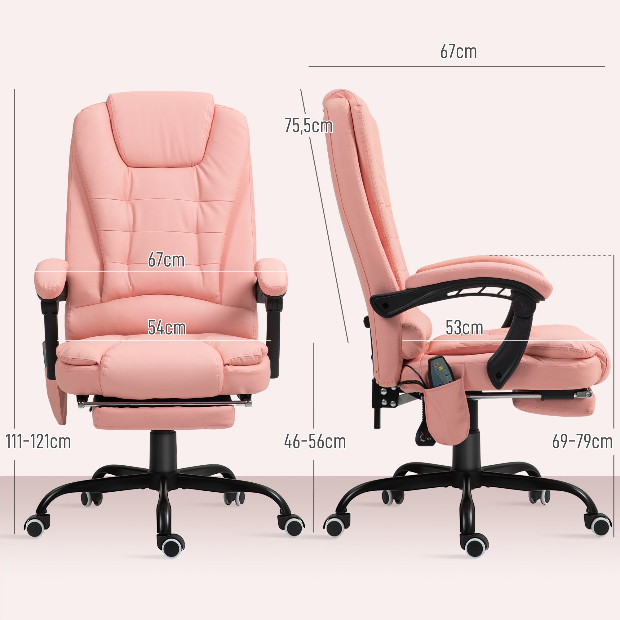 Cadeira de Escritório com Massagem 7 Pontos Rosa 67x67x111-121 cm