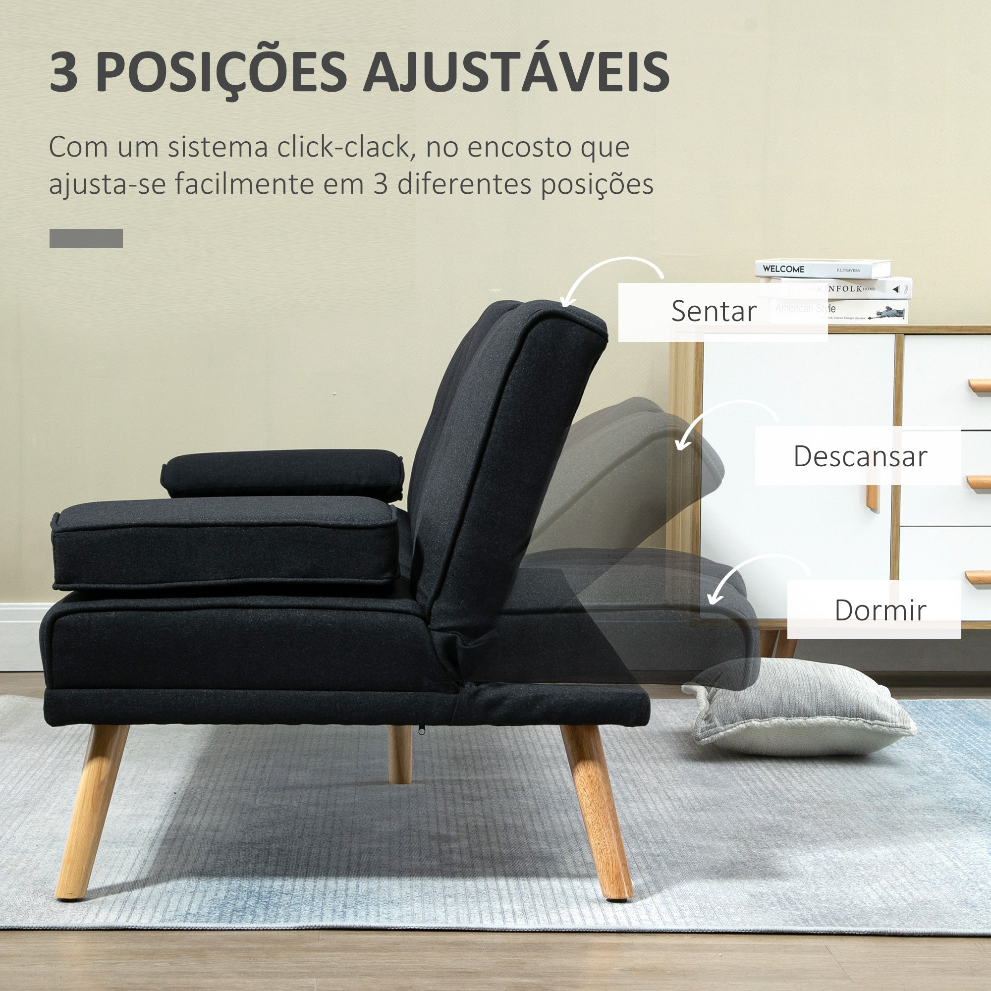 Sofá Cama 3 Lugares Cinza 181x77x78 cm - Encosto Ajustável e 2 Suportes para Copos