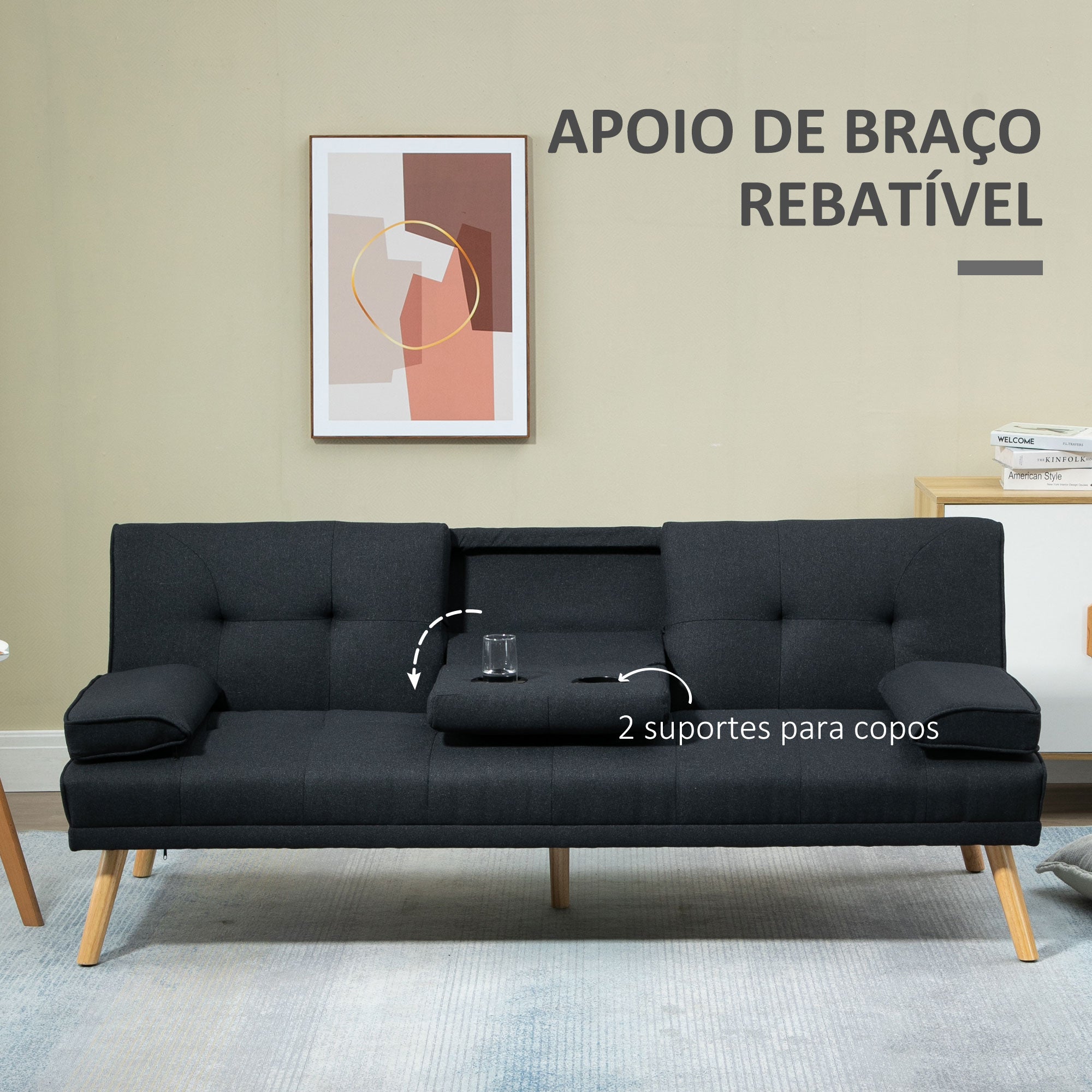 Sofá Cama 3 Lugares Cinza 181x77x78 cm - Encosto Ajustável e 2 Suportes para Copos