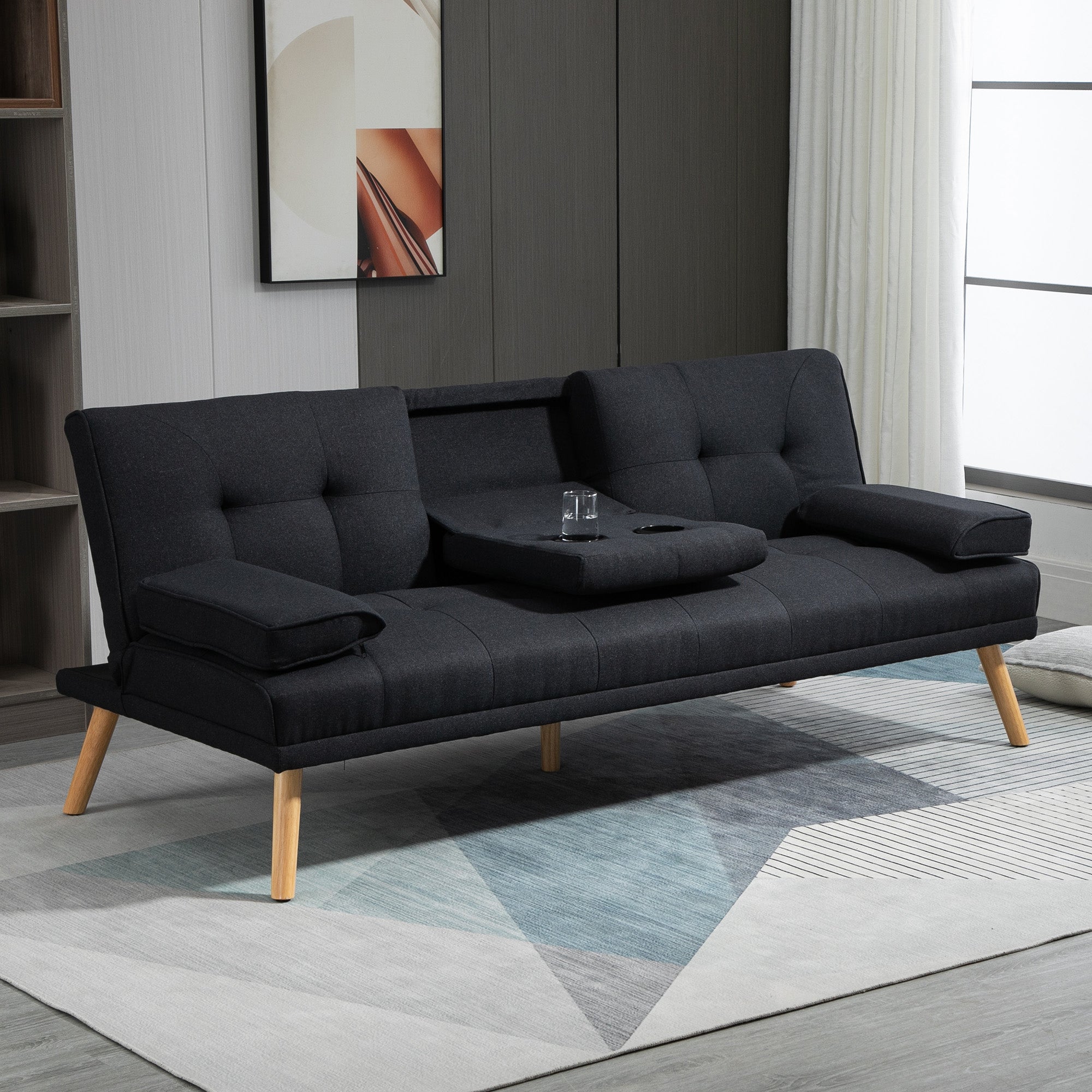 Sofá Cama 3 Lugares Cinza 181x77x78 cm - Encosto Ajustável e 2 Suportes para Copos