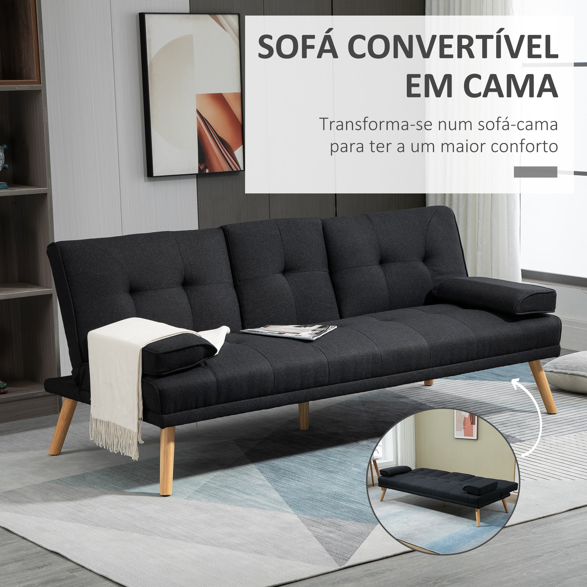 Sofá Cama 3 Lugares Cinza 181x77x78 cm - Encosto Ajustável e 2 Suportes para Copos