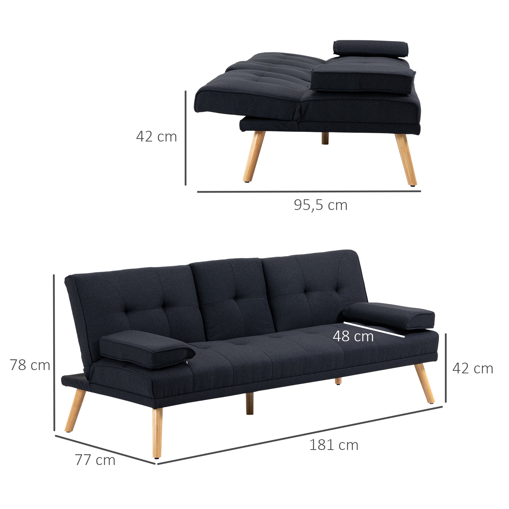 Sofá Cama 3 Lugares Cinza 181x77x78 cm - Encosto Ajustável e 2 Suportes para Copos
