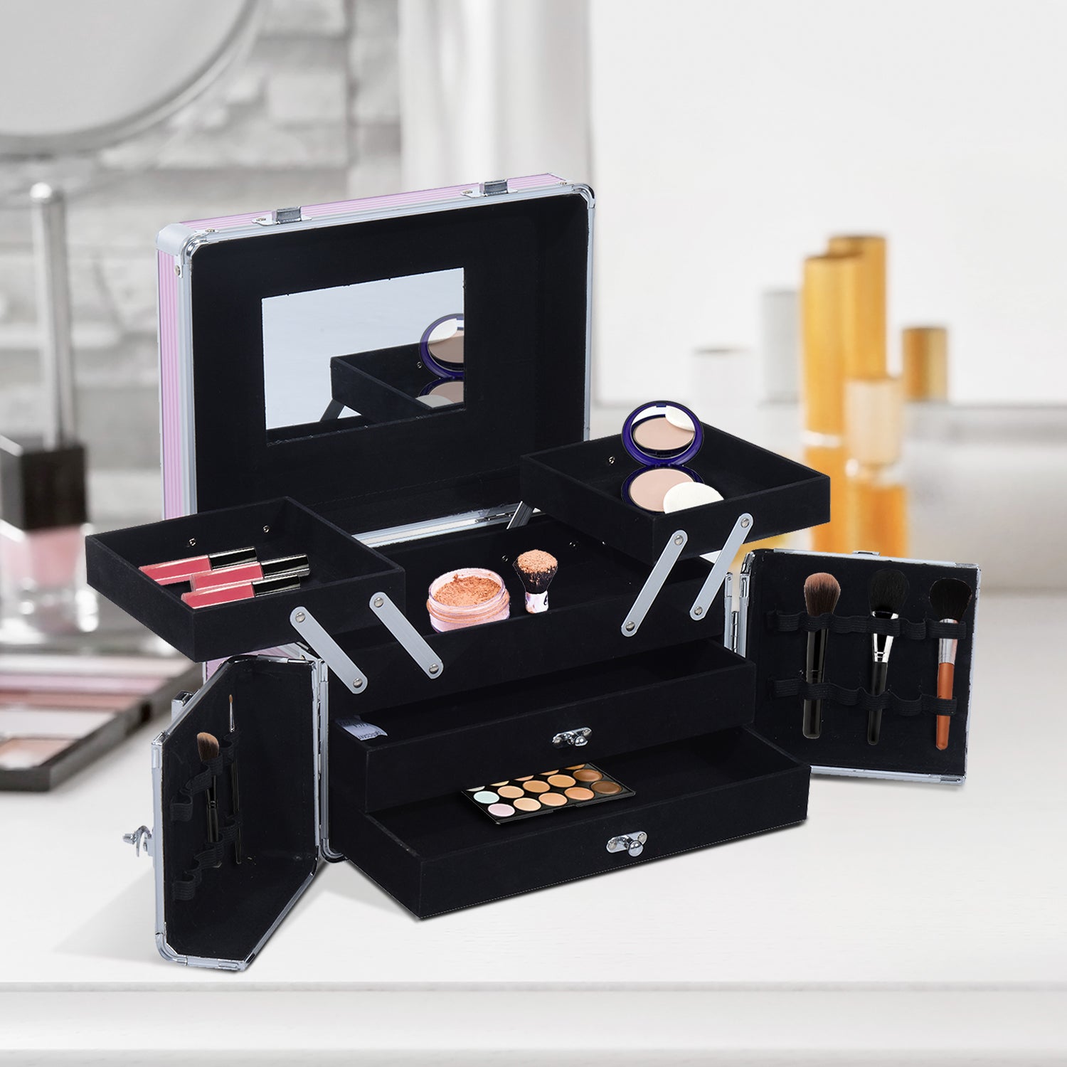 Estojo de Maquilhagem Organizador Profissional - Rosa 29x21x20 cm