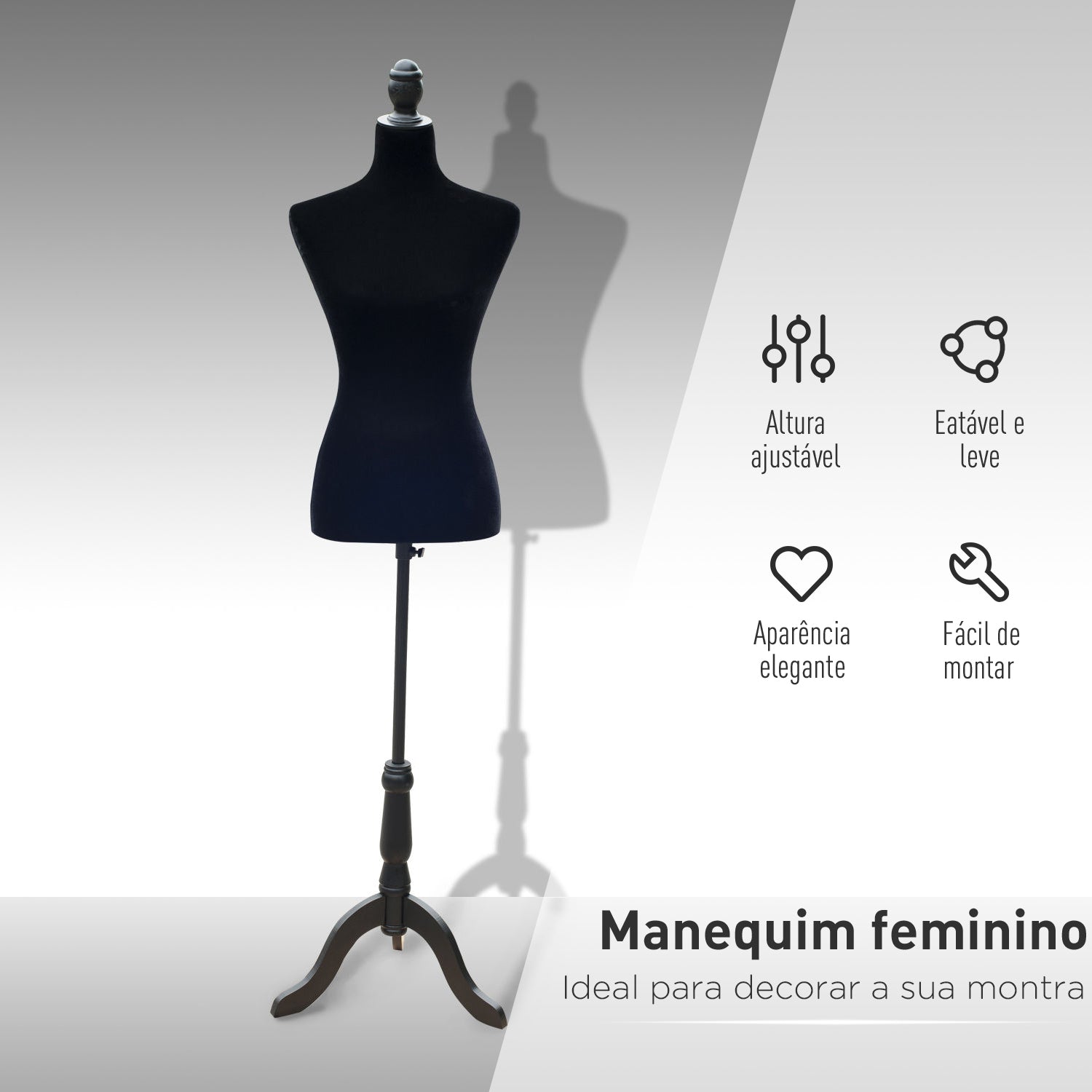Manequim de Costura Feminino Ajustável – 130-168 cm – Preto – Polietileno, Madeira de Pinho, Metal