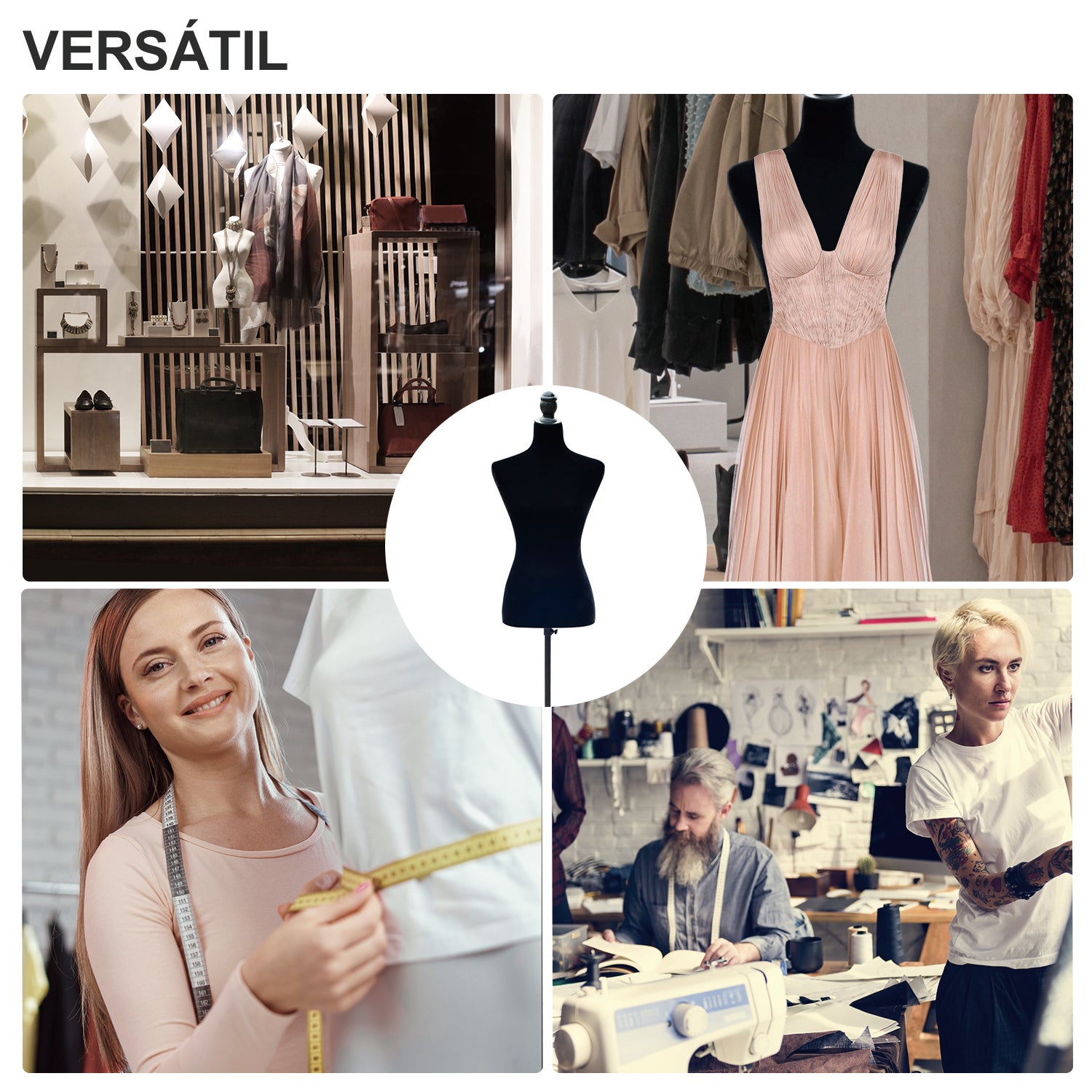 Manequim de Costura Feminino Ajustável – 130-168 cm – Preto – Polietileno, Madeira de Pinho, Metal