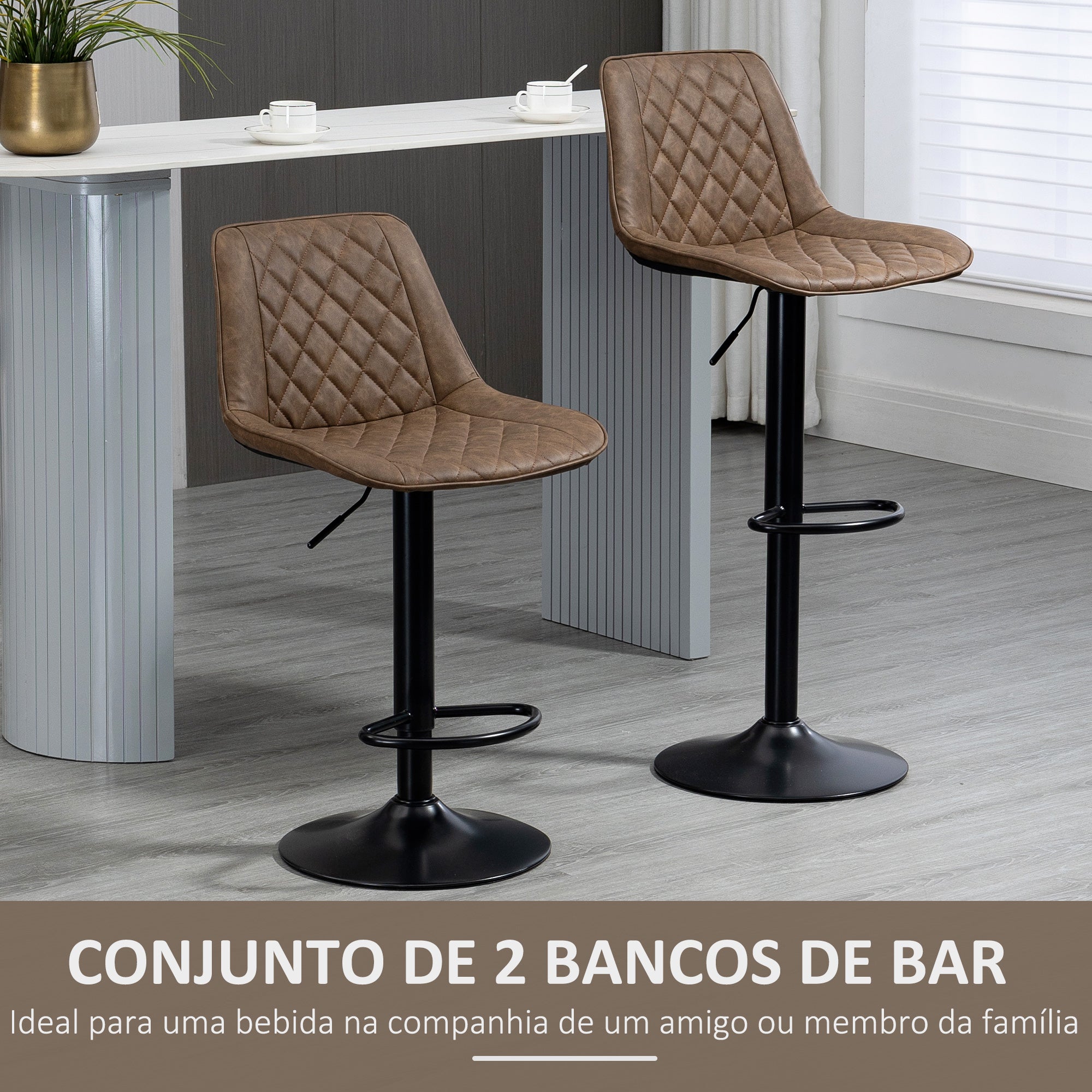 Conjunto de Bancos de Bar Estofados em PU – 46.5x51x106cm – Marrom