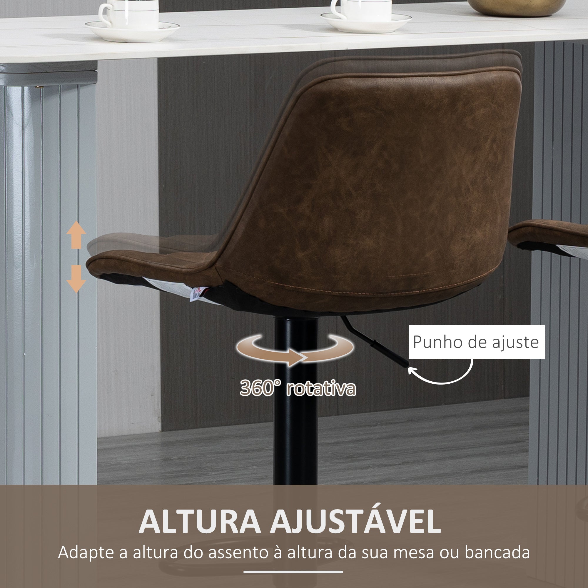 Conjunto de Bancos de Bar Estofados em PU – 46.5x51x106cm – Marrom