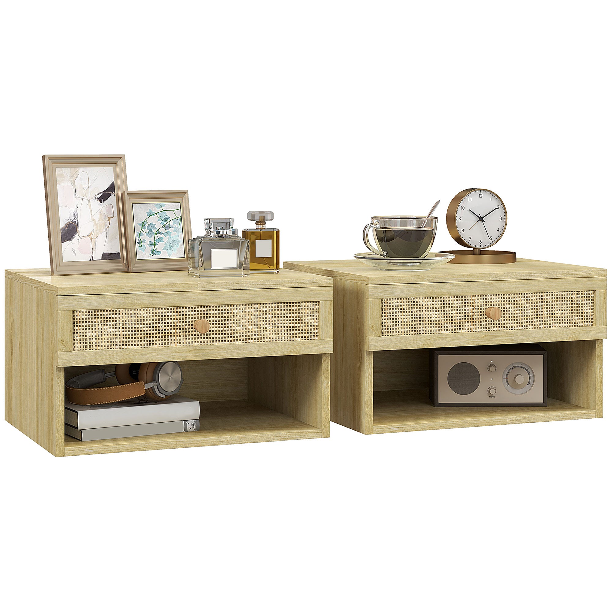Conjunto de 2 Mesas de Cabeceiras Suspensas 40x34x23 cm - Cor de Madeira Natural
