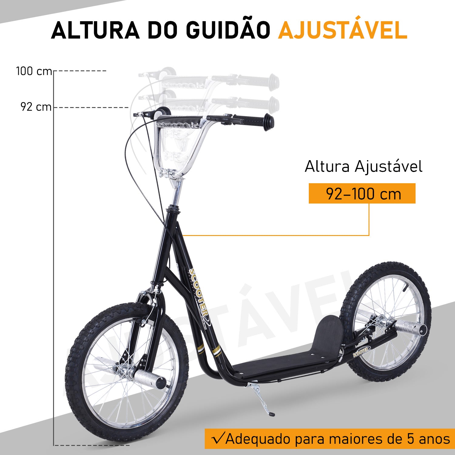 Trotinete com 2 Rodas de 16 Polegadas - Preto, 143x58x92-100 cm