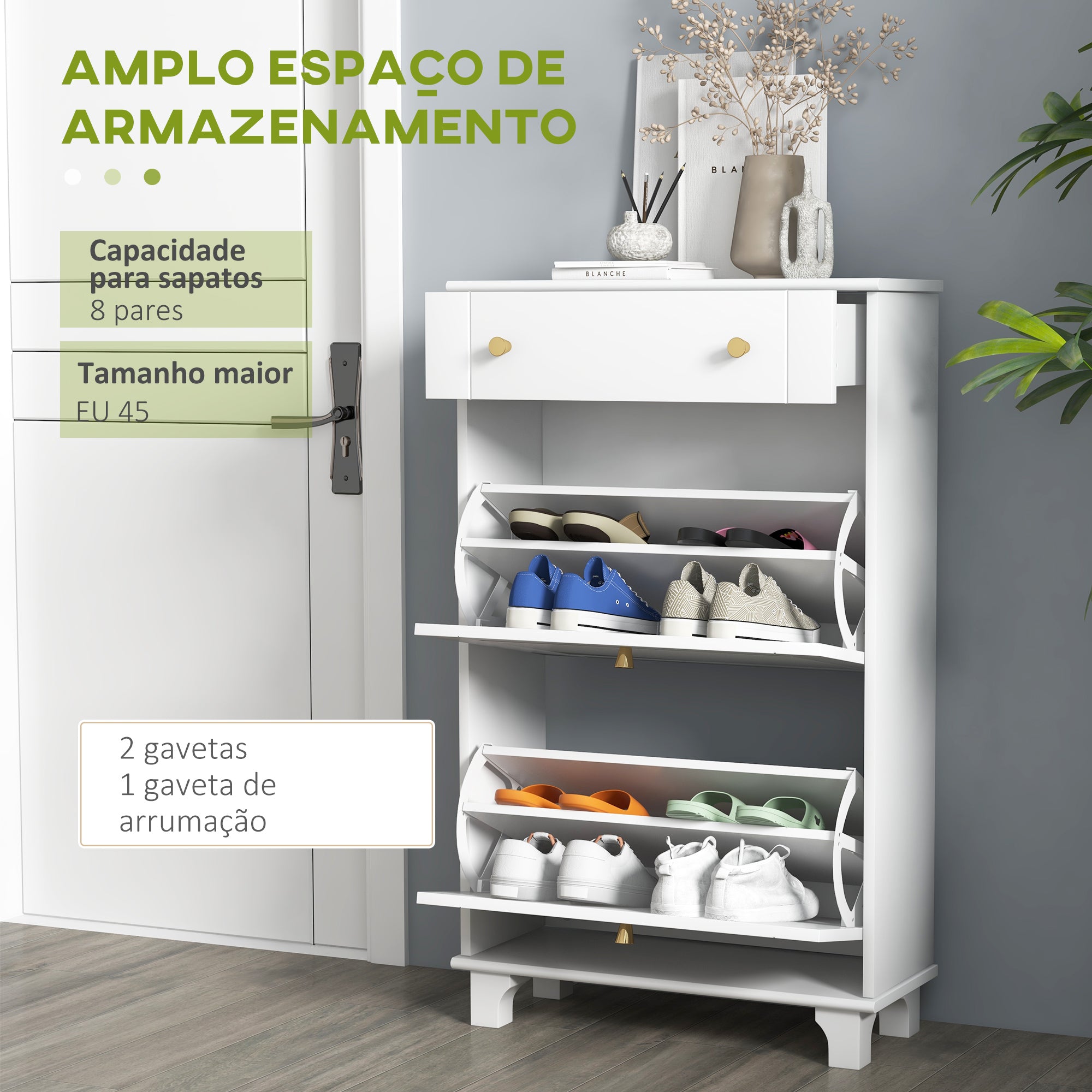Sapateira Estreita Branca com 2 Portas e 1 Gaveta - 60x23,5x98,5 cm