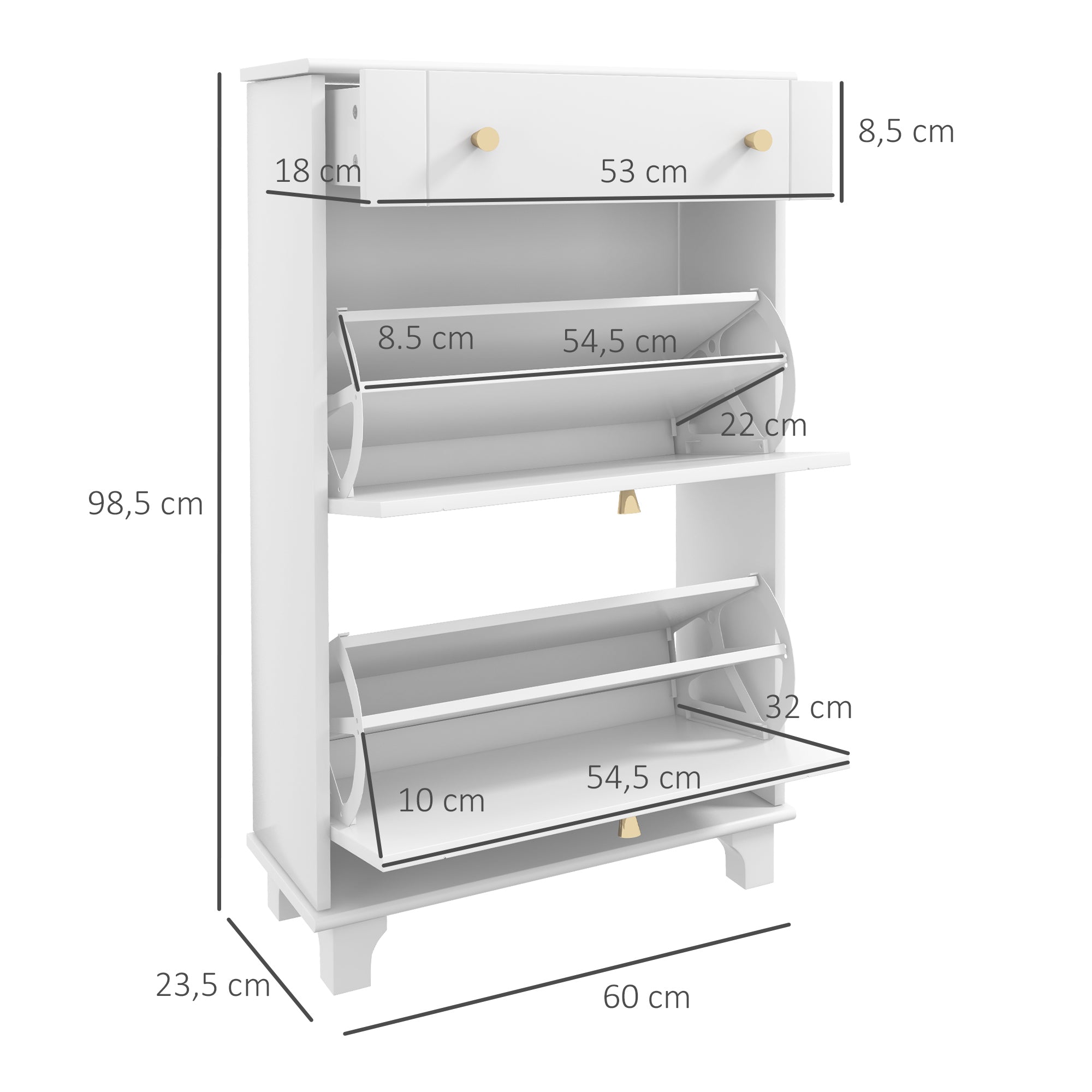 Sapateira Estreita Branca com 2 Portas e 1 Gaveta - 60x23,5x98,5 cm