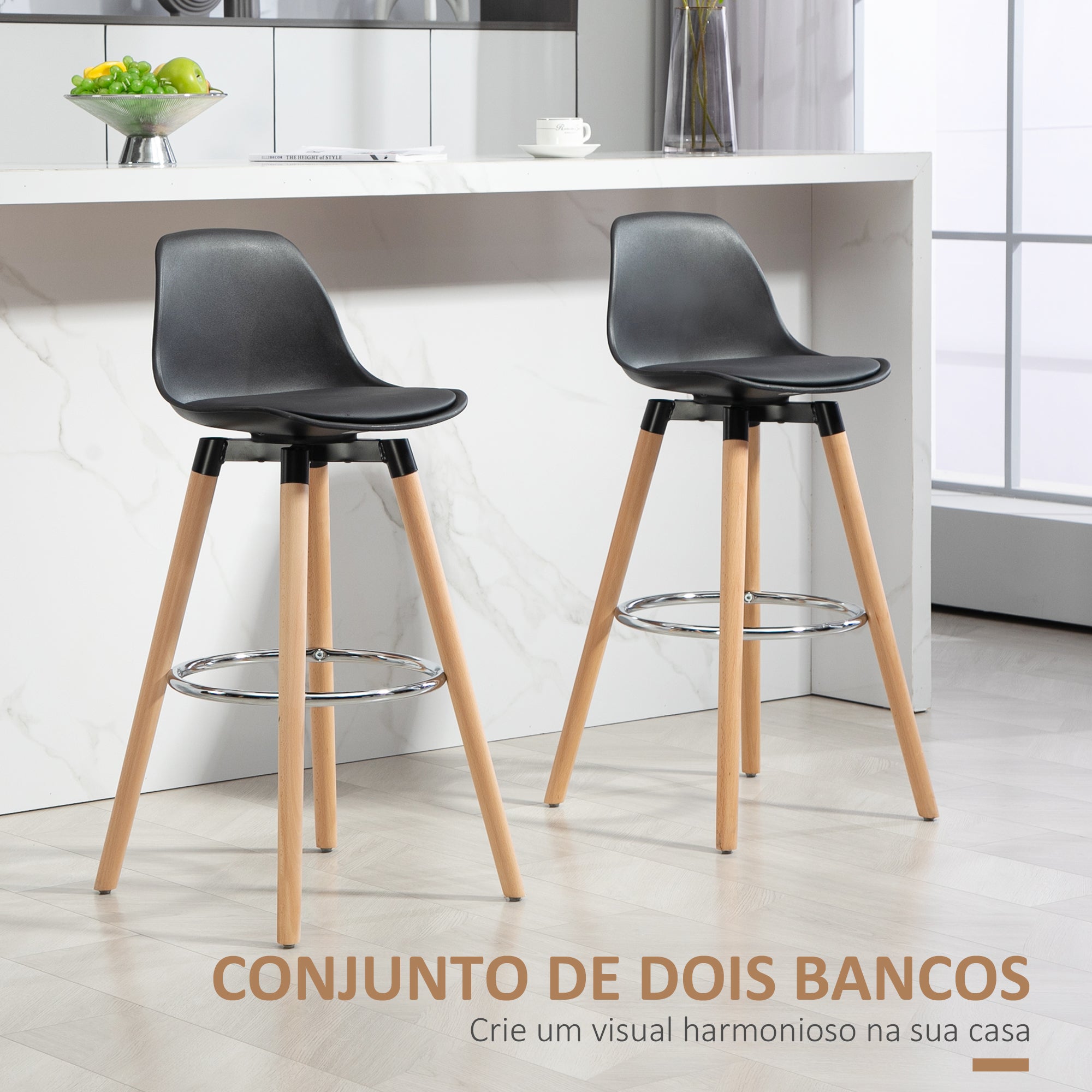 Conjunto de 2 Bancos Altos Estofados – 38,5x42,5x91 cm – Preto – PU