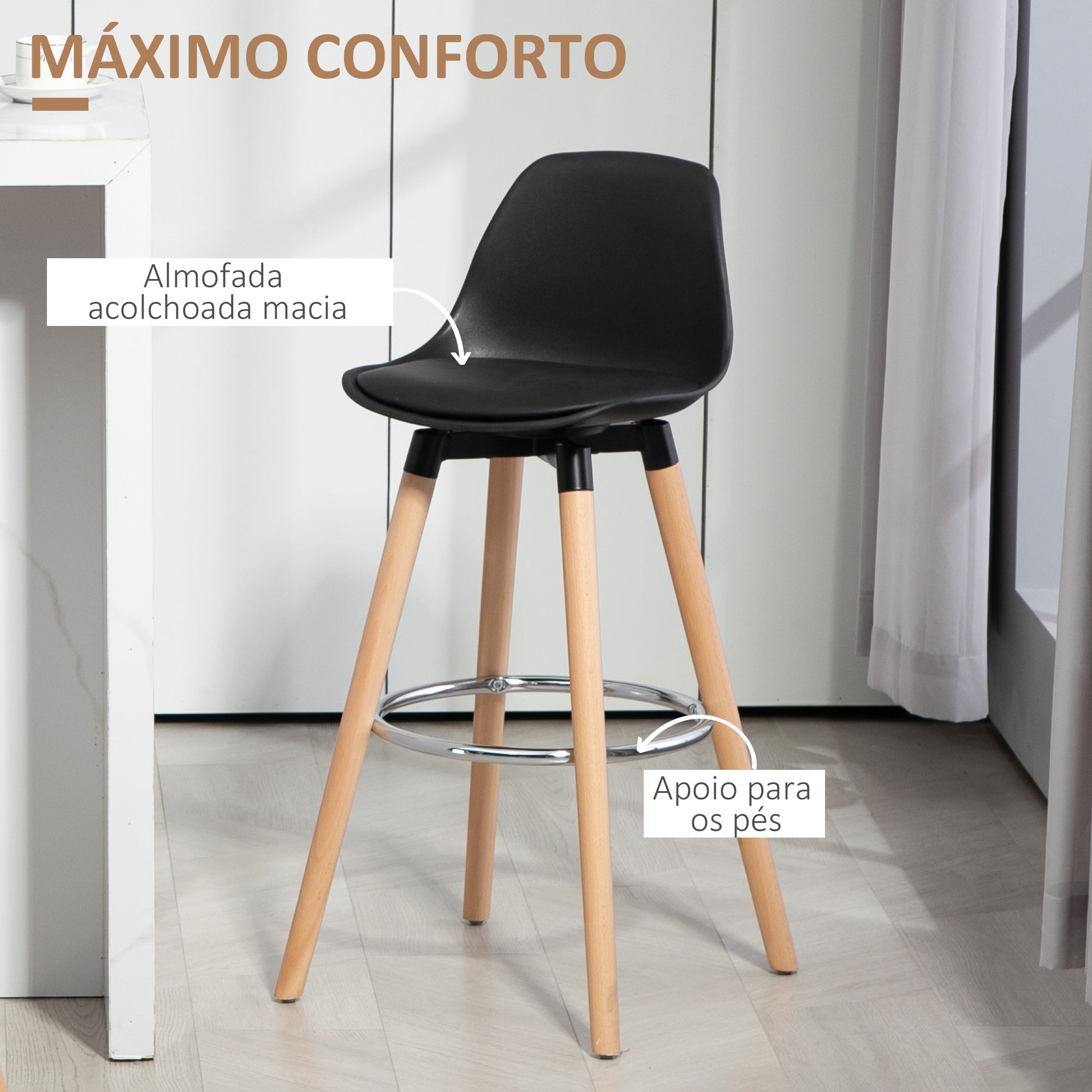 Conjunto de 2 Bancos Altos Estofados – 38,5x42,5x91 cm – Preto – PU