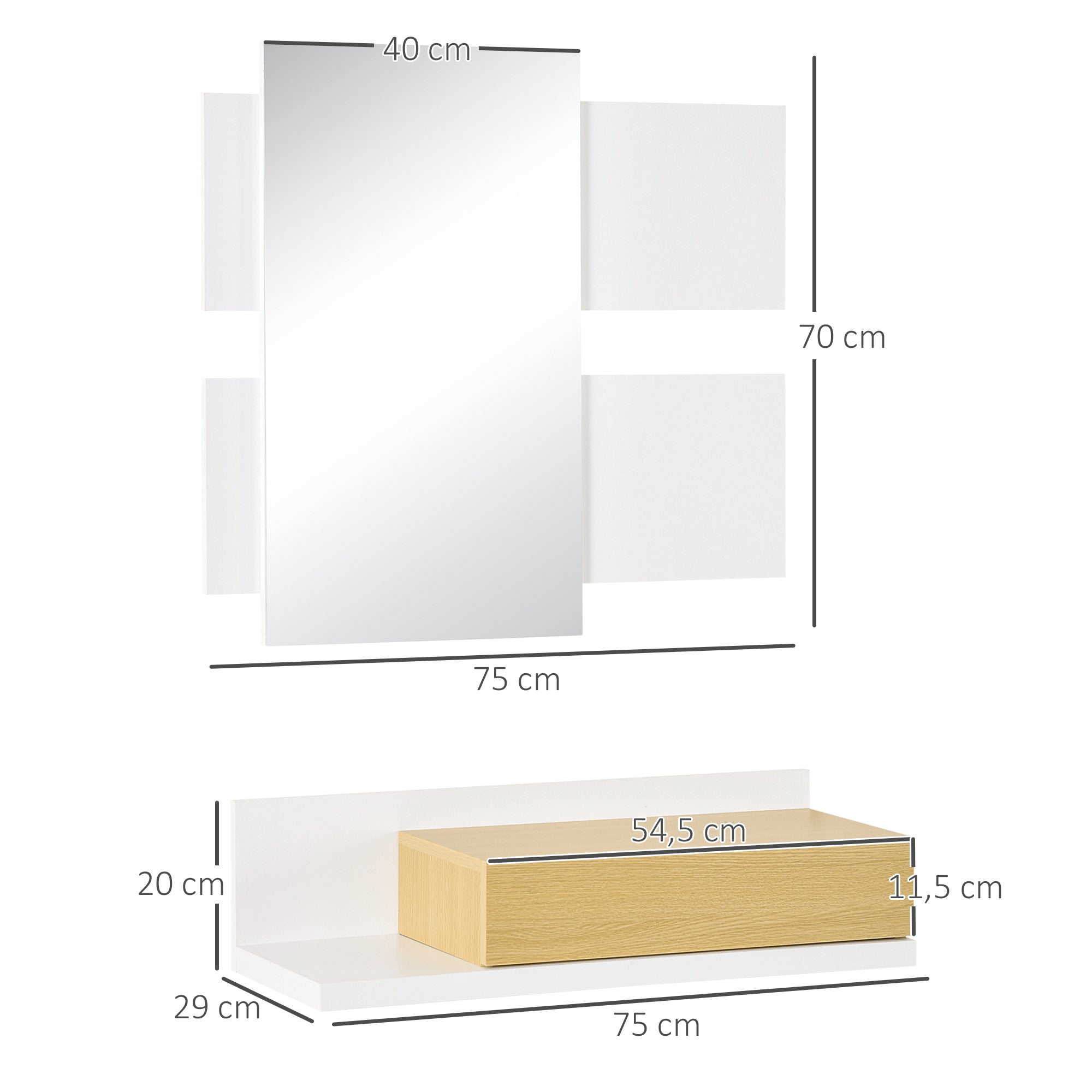 Conjunto de Móveis de Entrada com Espelho e Gaveta 75x4x70cm Branco e Madeira