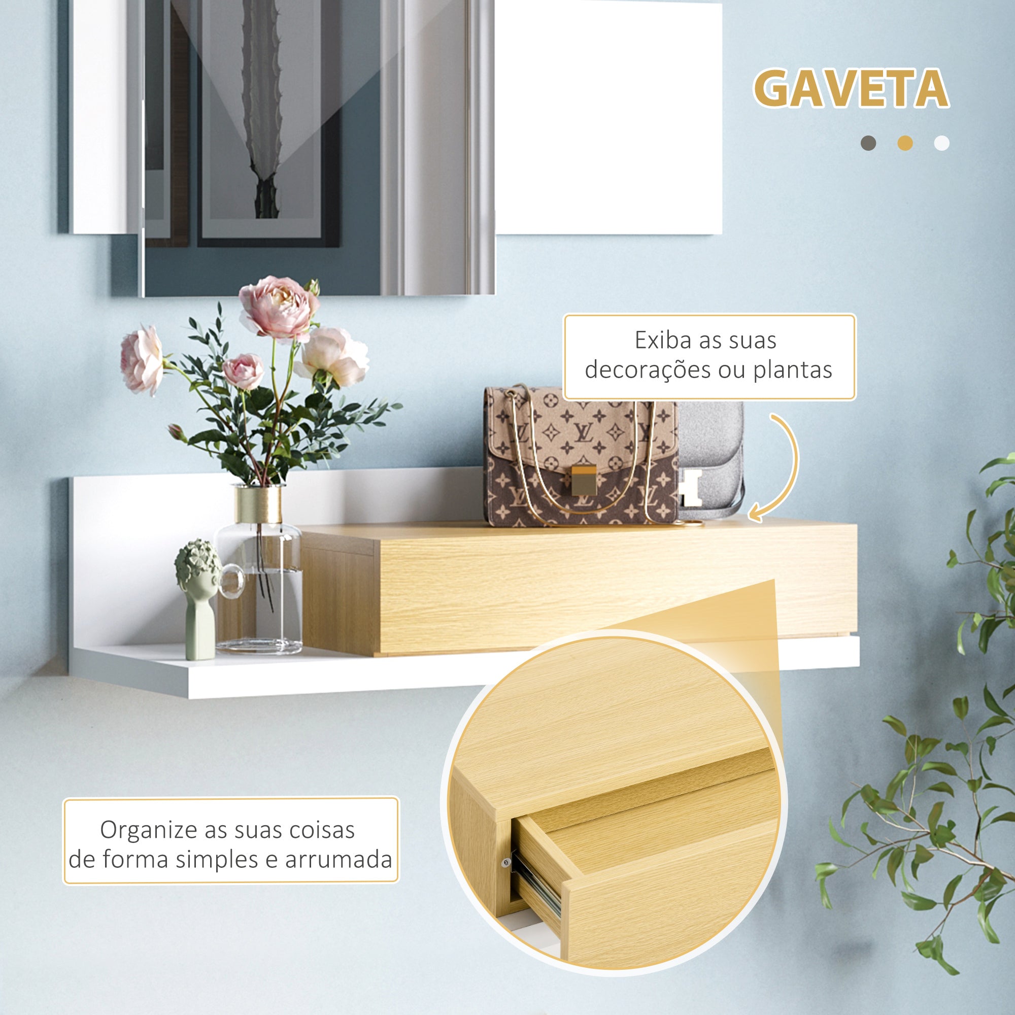 Conjunto de Móveis de Entrada com Espelho e Gaveta 75x4x70cm Branco e Madeira