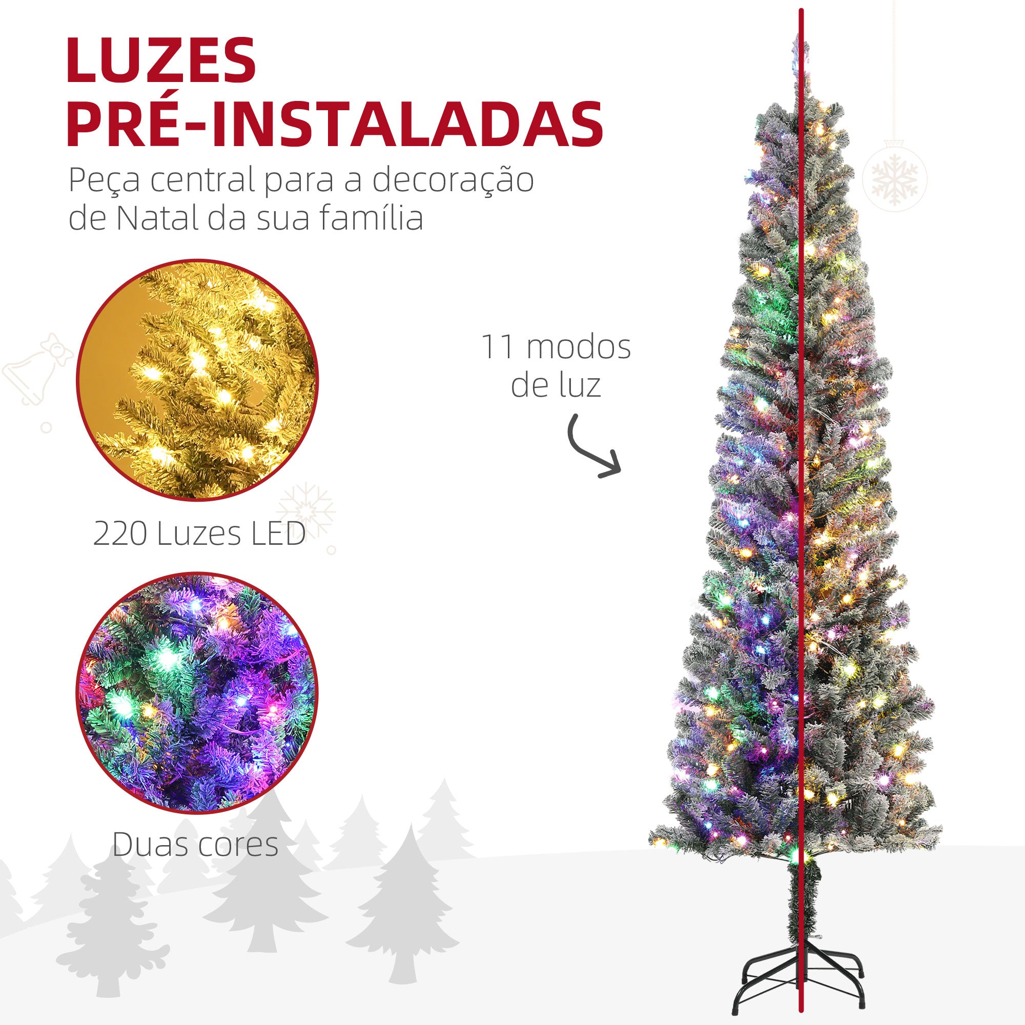 Árvore de Natal Artificial 225 cm Verde com 220 Luzes LED Duas Cores