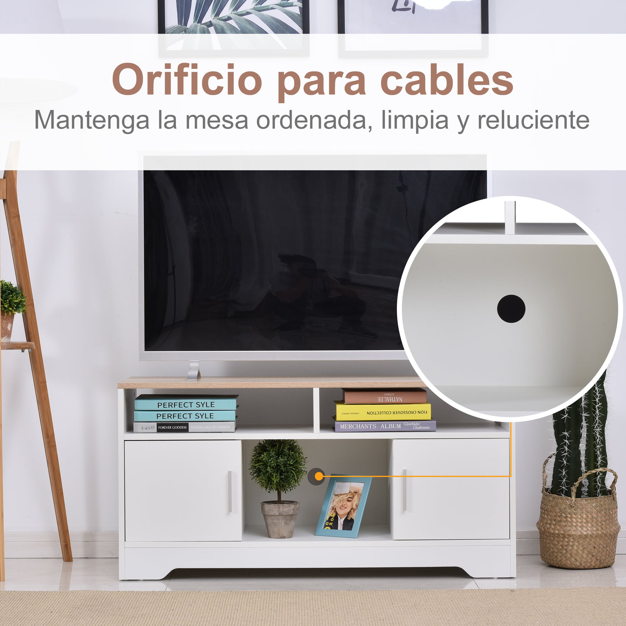 Móvel de TV com Amplo Espaço de Arrumação 105x40x52 cm - Branco e Madeira