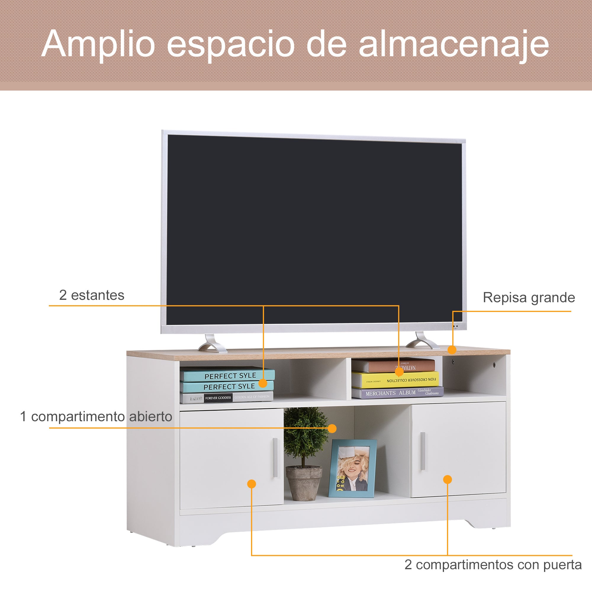 Móvel de TV com Amplo Espaço de Arrumação 105x40x52 cm - Branco e Madeira