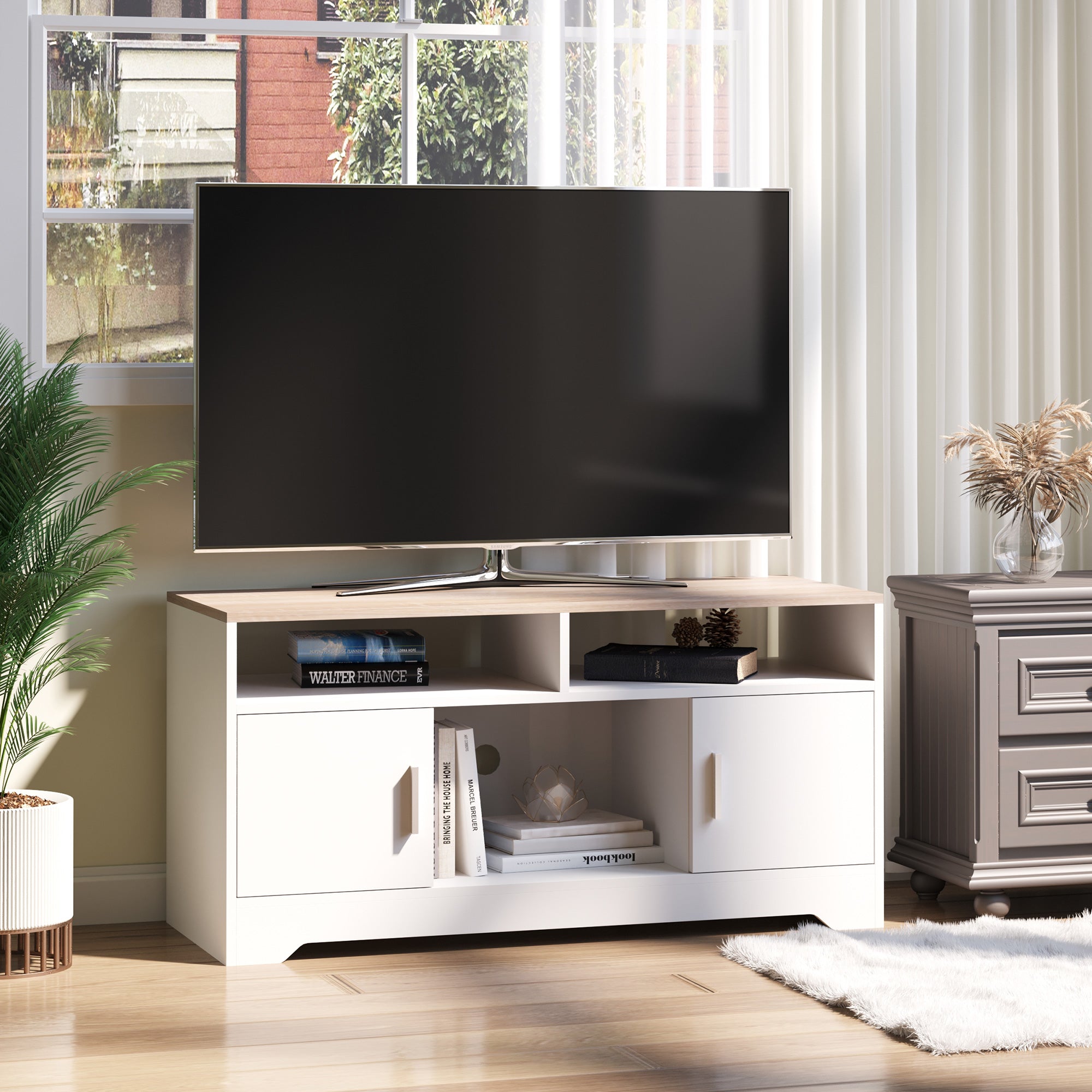 Móvel de TV com Amplo Espaço de Arrumação 105x40x52 cm - Branco e Madeira