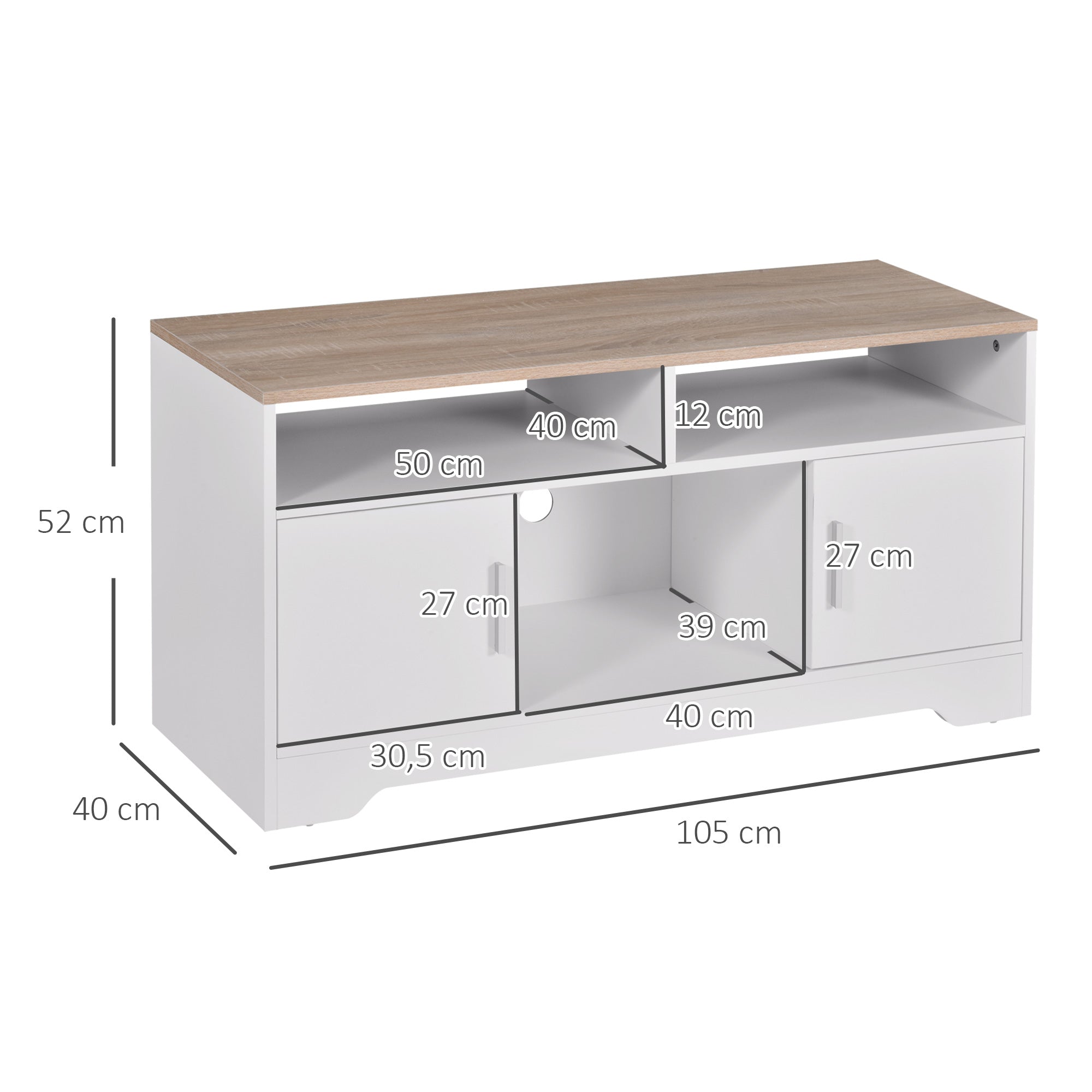 Móvel de TV com Amplo Espaço de Arrumação 105x40x52 cm - Branco e Madeira
