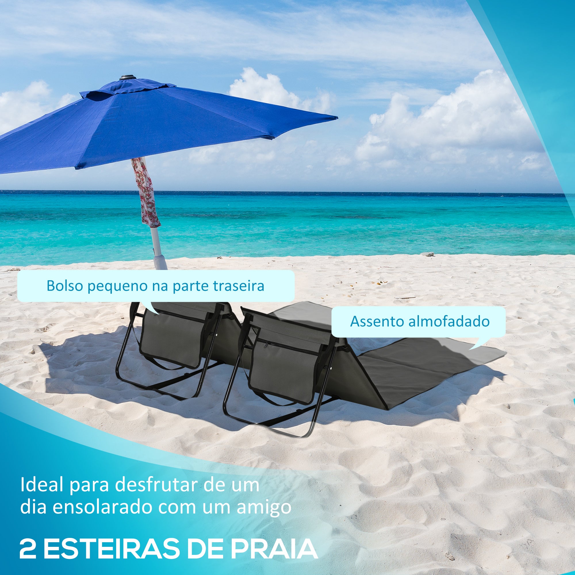 Conjunto de Esteiras de Praia Dobrável – 142x51x40 cm – Cinzento – Aço e Tecido Oxford